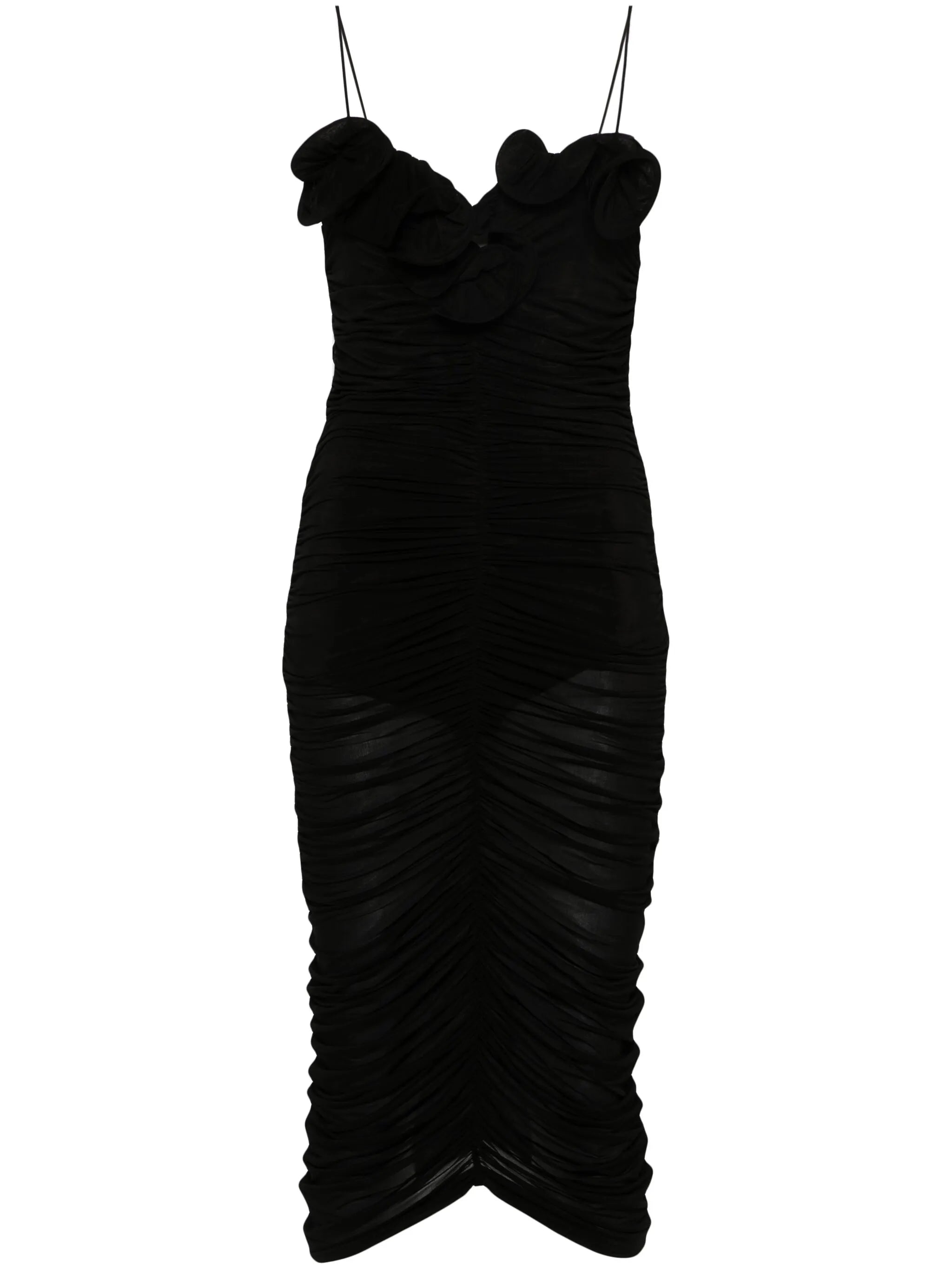 ruched ruffle midi dress