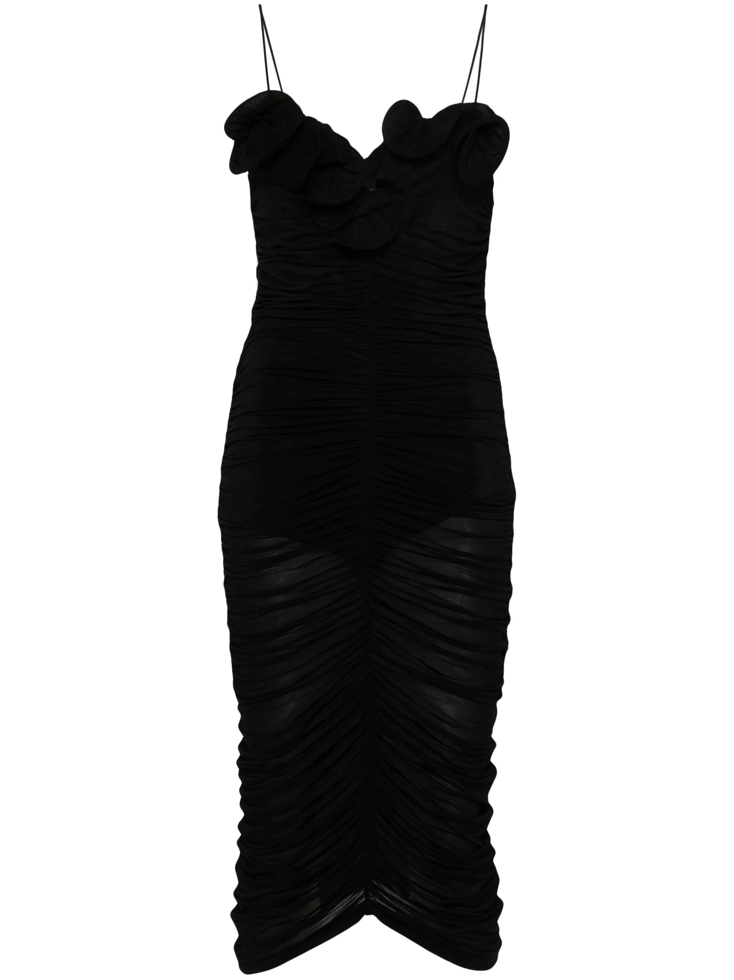 ruched ruffle midi dress