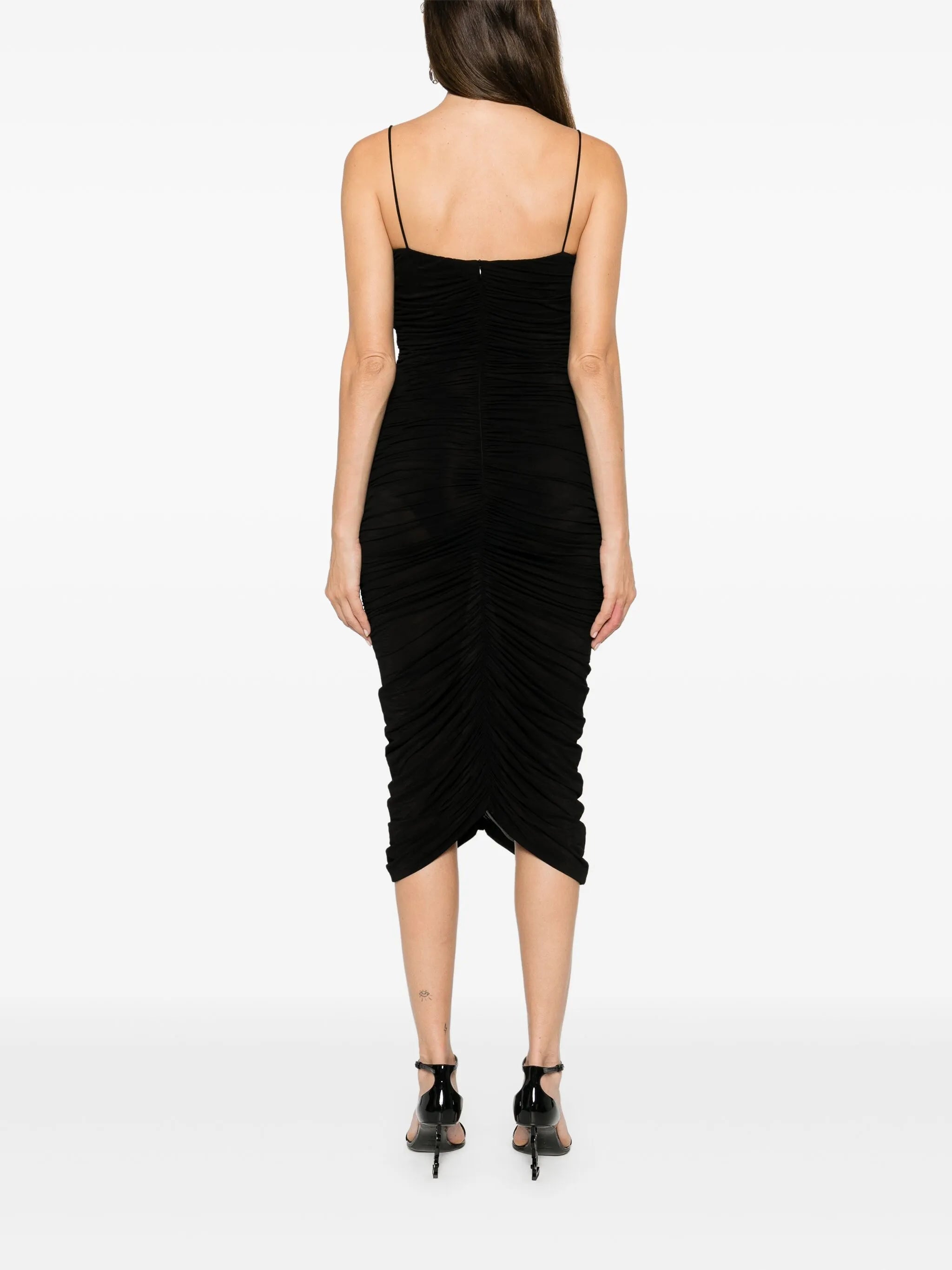 ruched ruffle midi dress