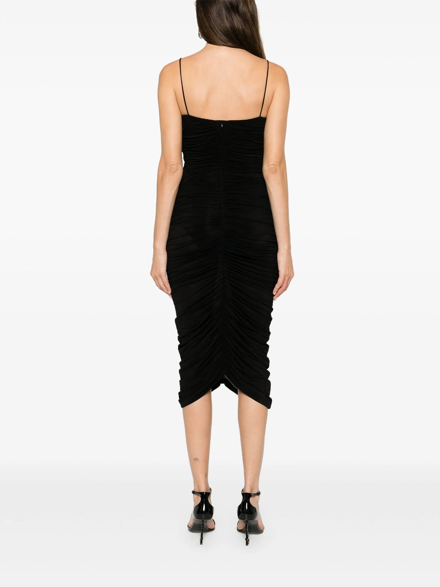 ruched ruffle midi dress