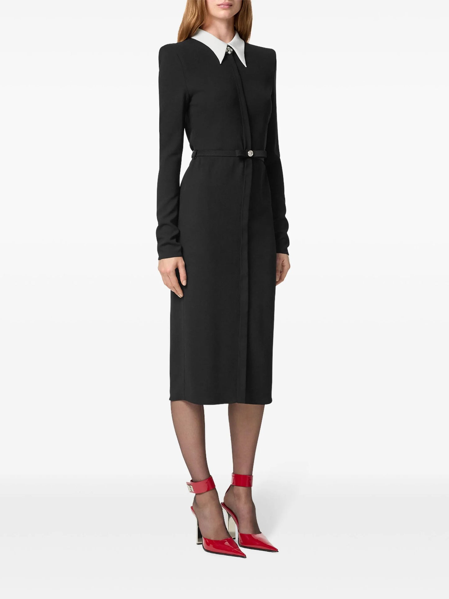 contrast-collar midi dress
