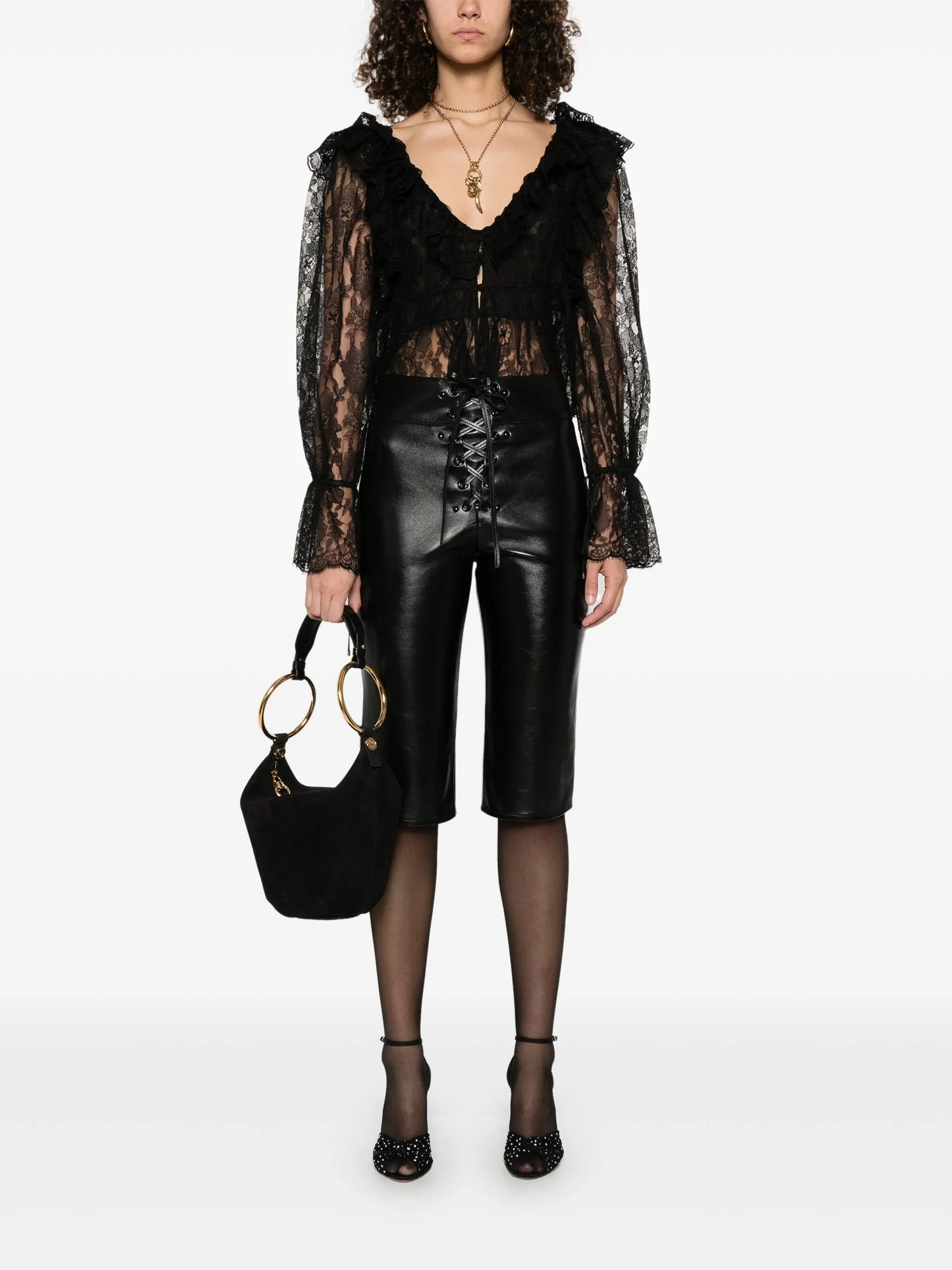 lace-up leather capri trousers