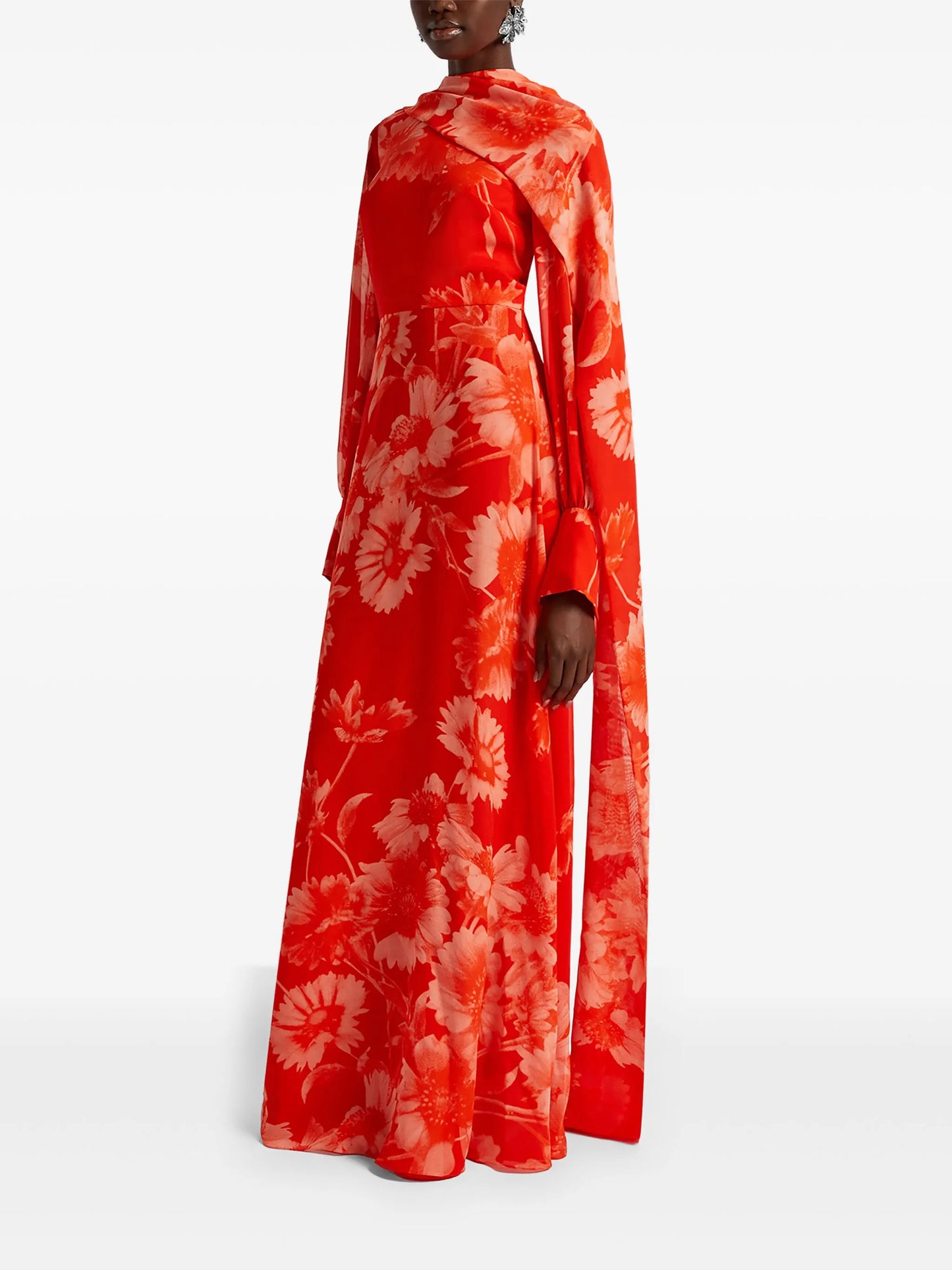 draped long-sleeve gown