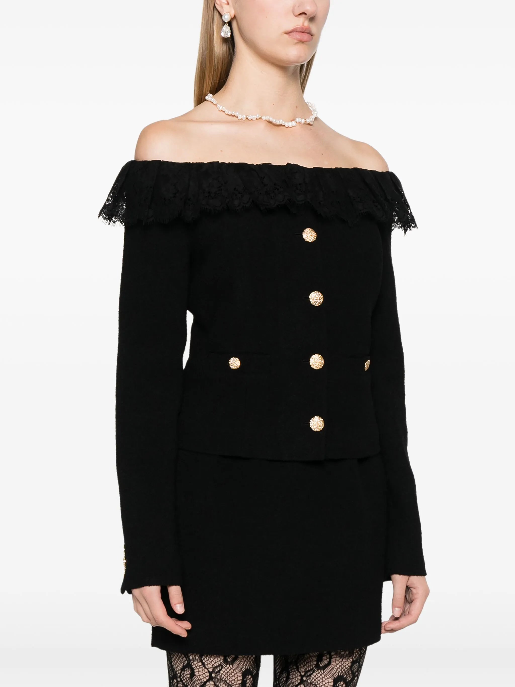 off-shoulder tweed jacket