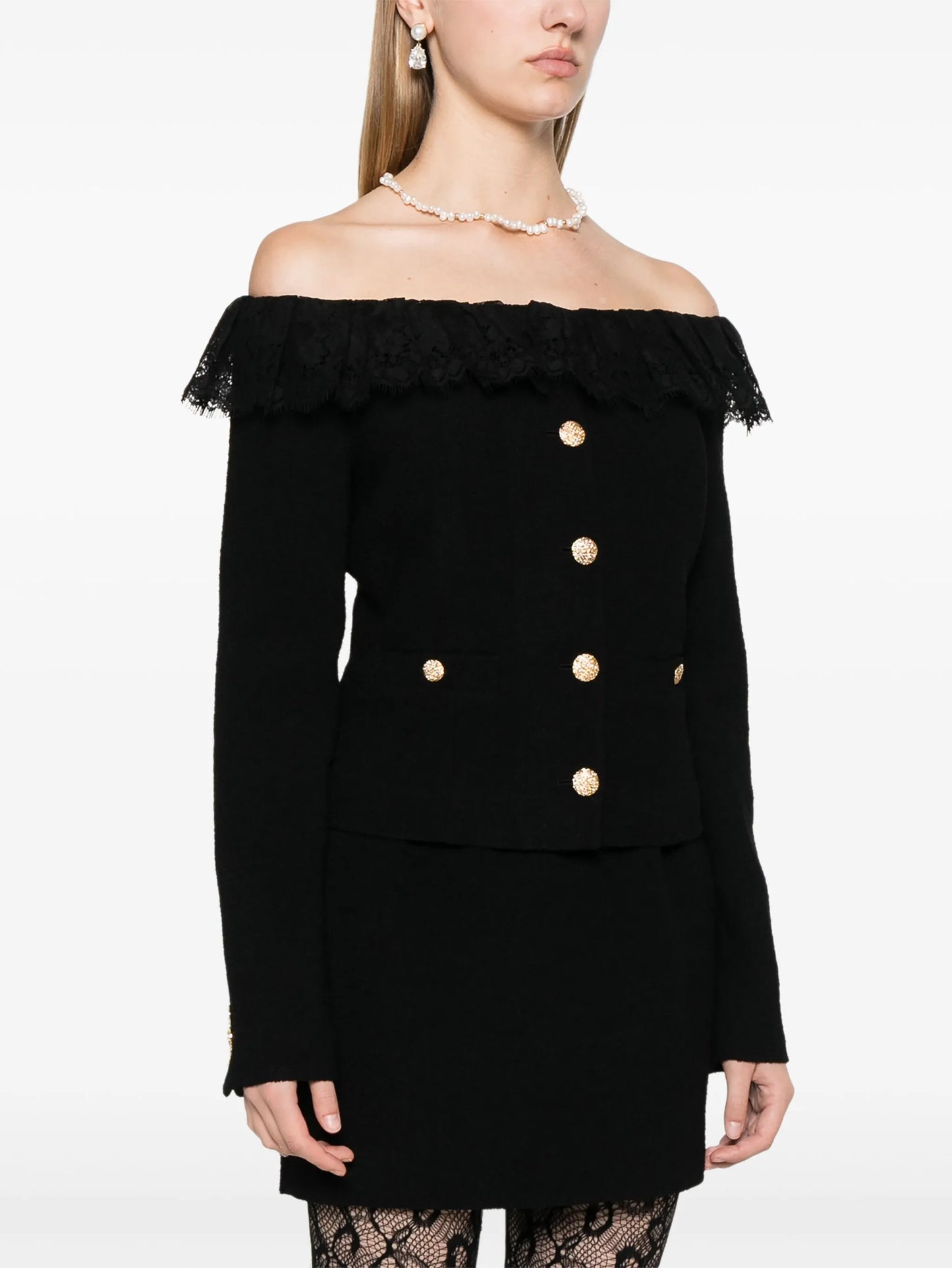 off-shoulder tweed jacket
