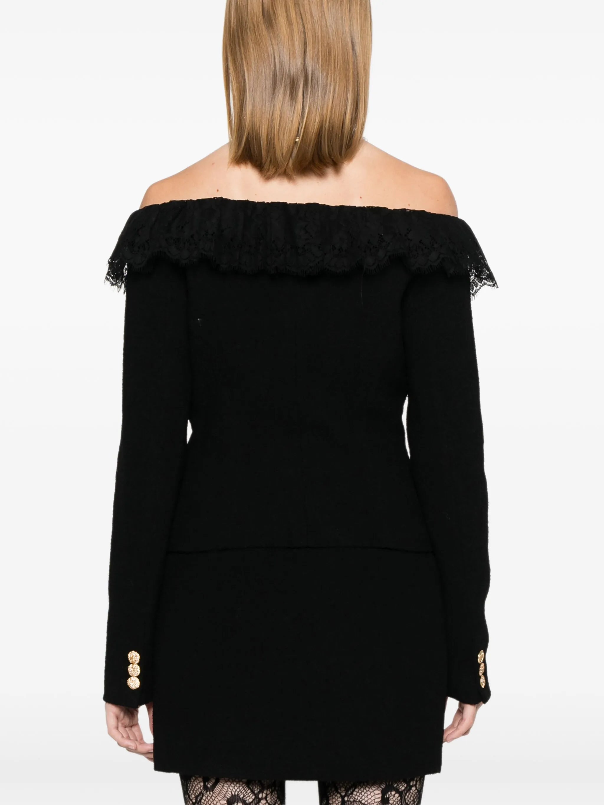 off-shoulder tweed jacket