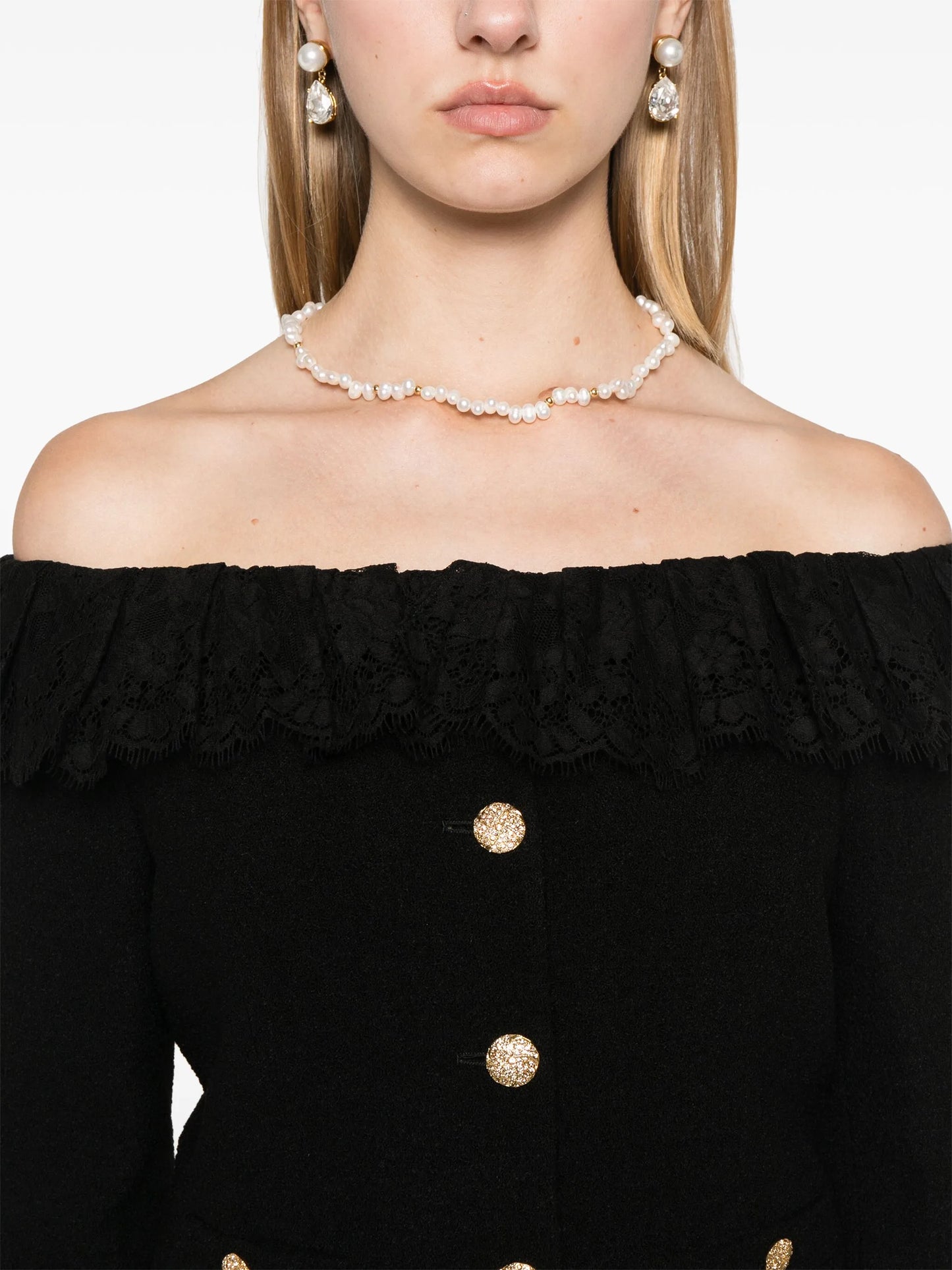 off-shoulder tweed jacket