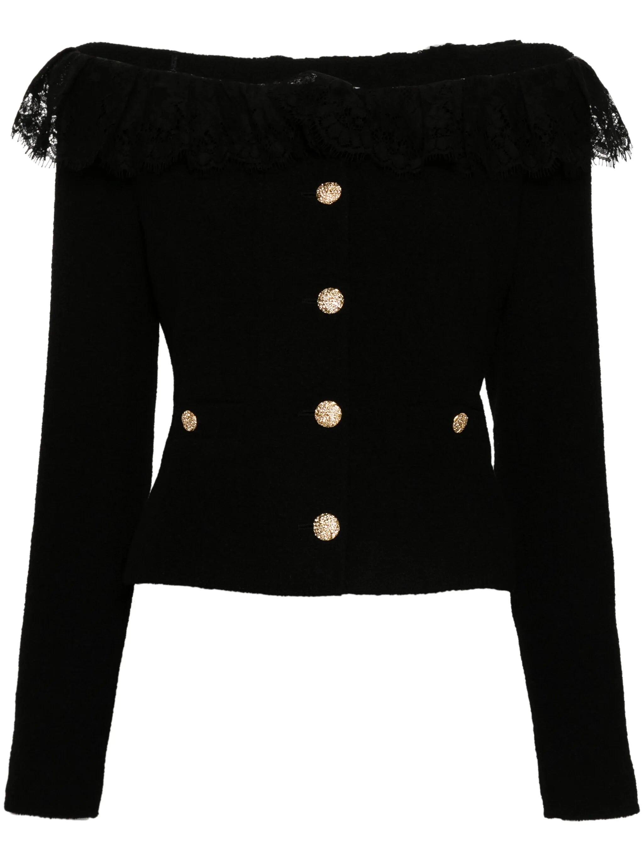 off-shoulder tweed jacket
