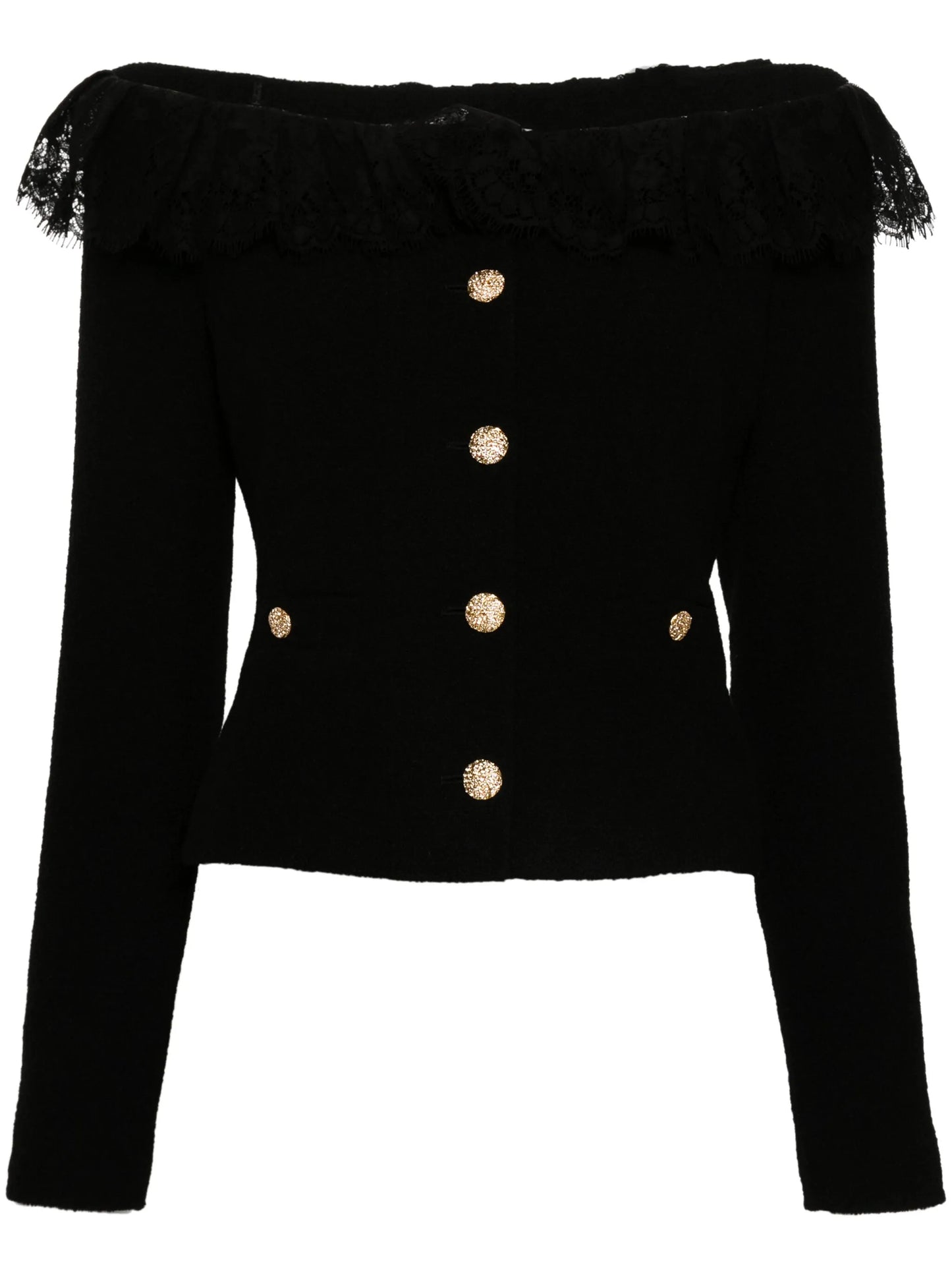 off-shoulder tweed jacket