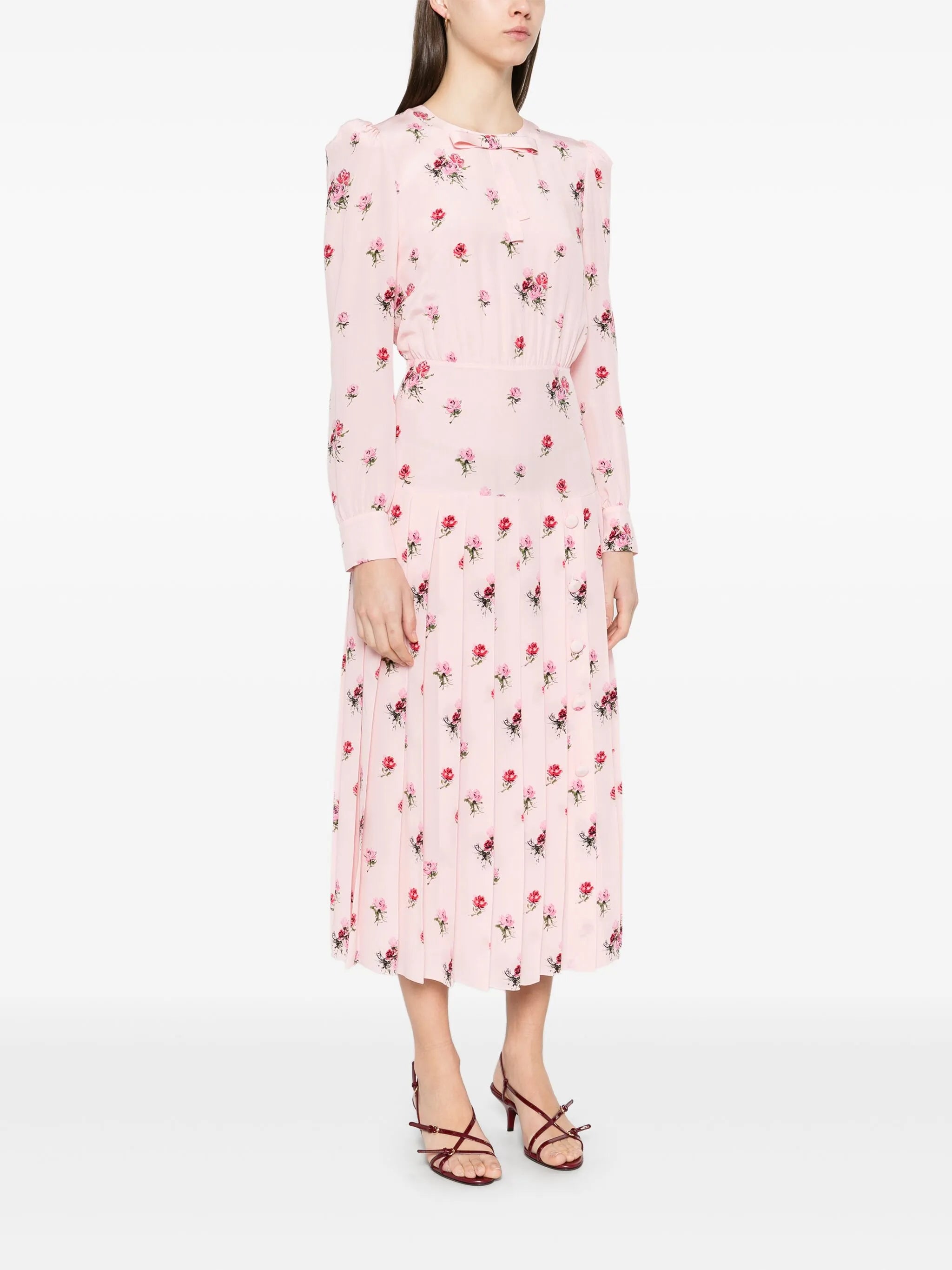 rose-print pleat-detailing midi dress