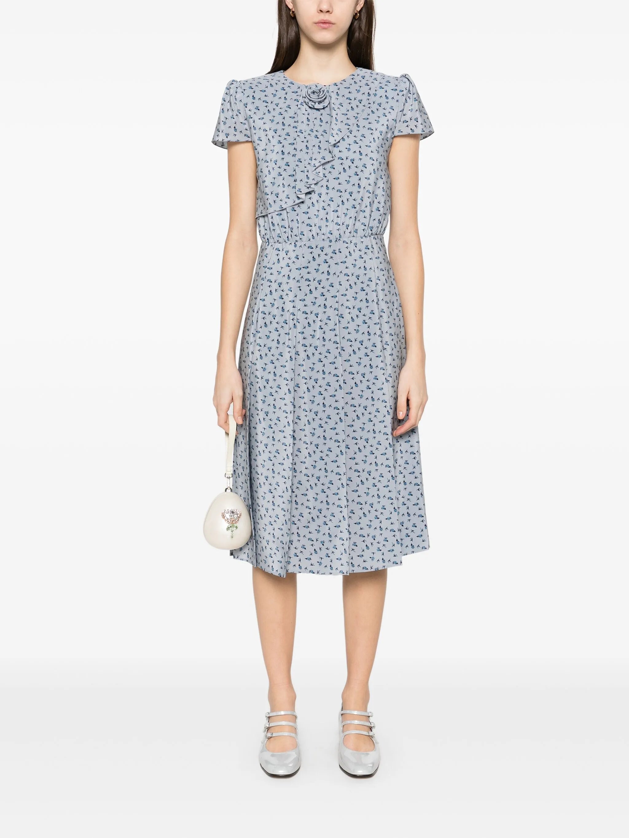 rose-print pleat-detailing midi dress