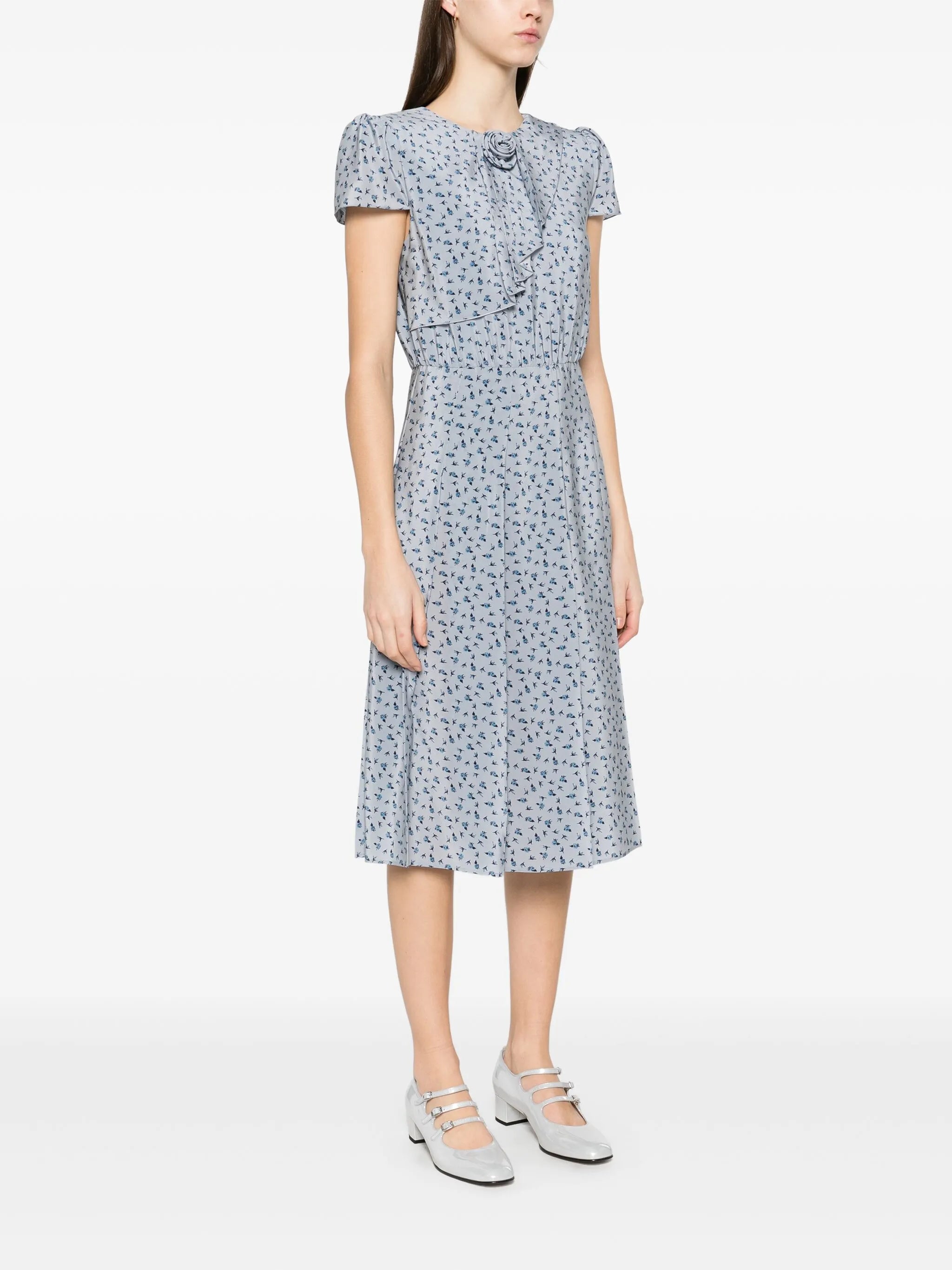 rose-print pleat-detailing midi dress