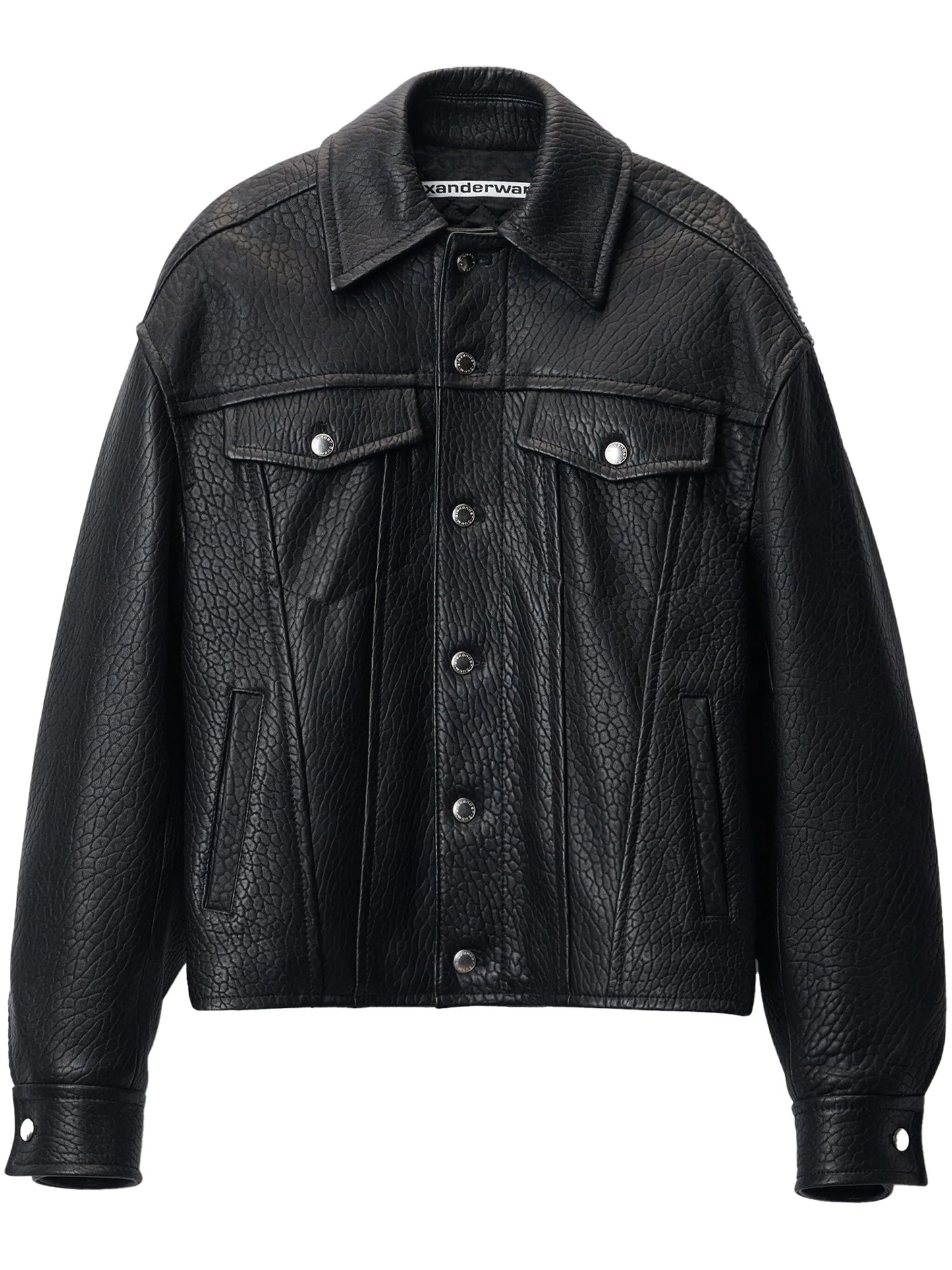 curved-sleeve leather jacket