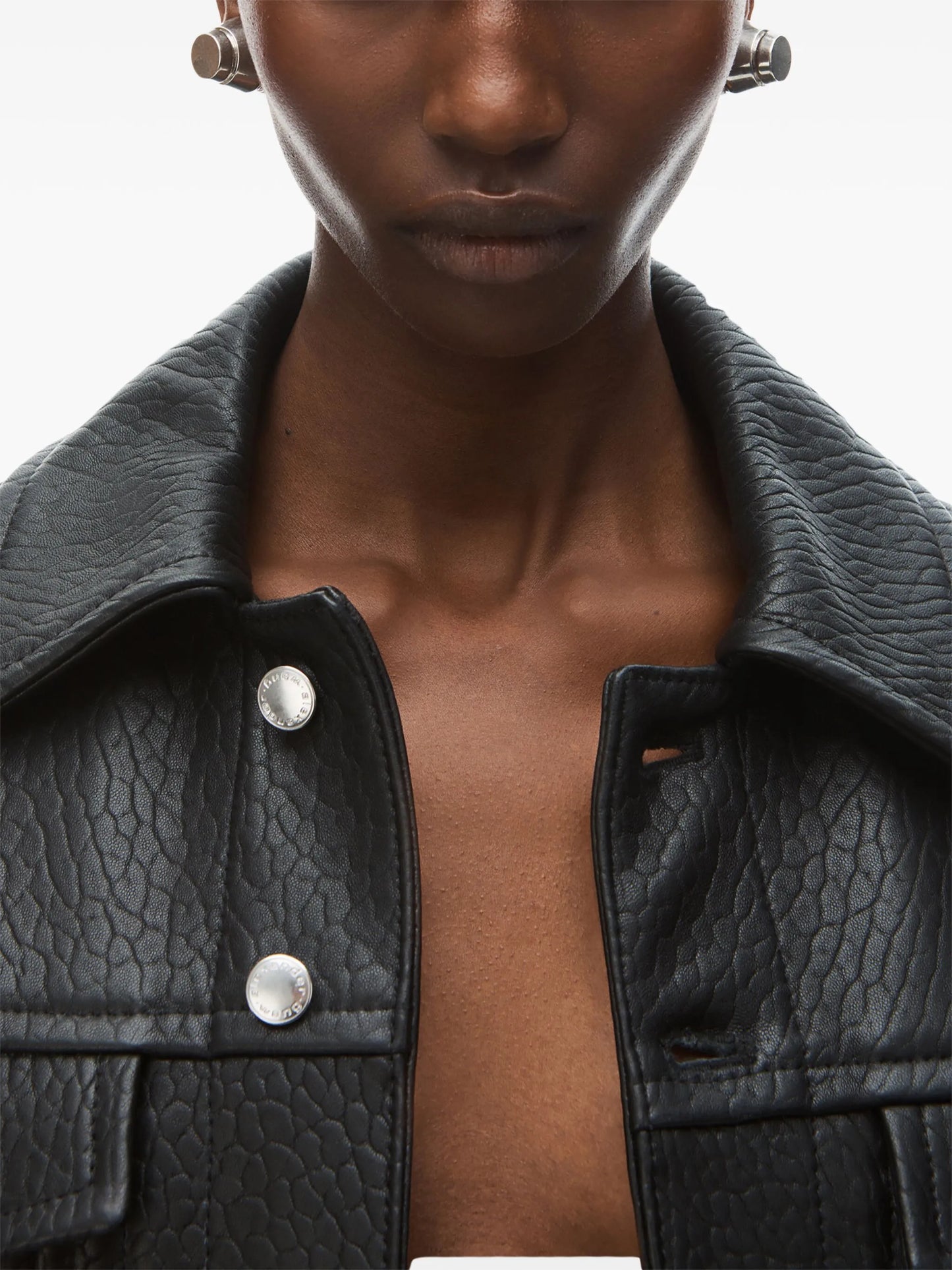 curved-sleeve leather jacket