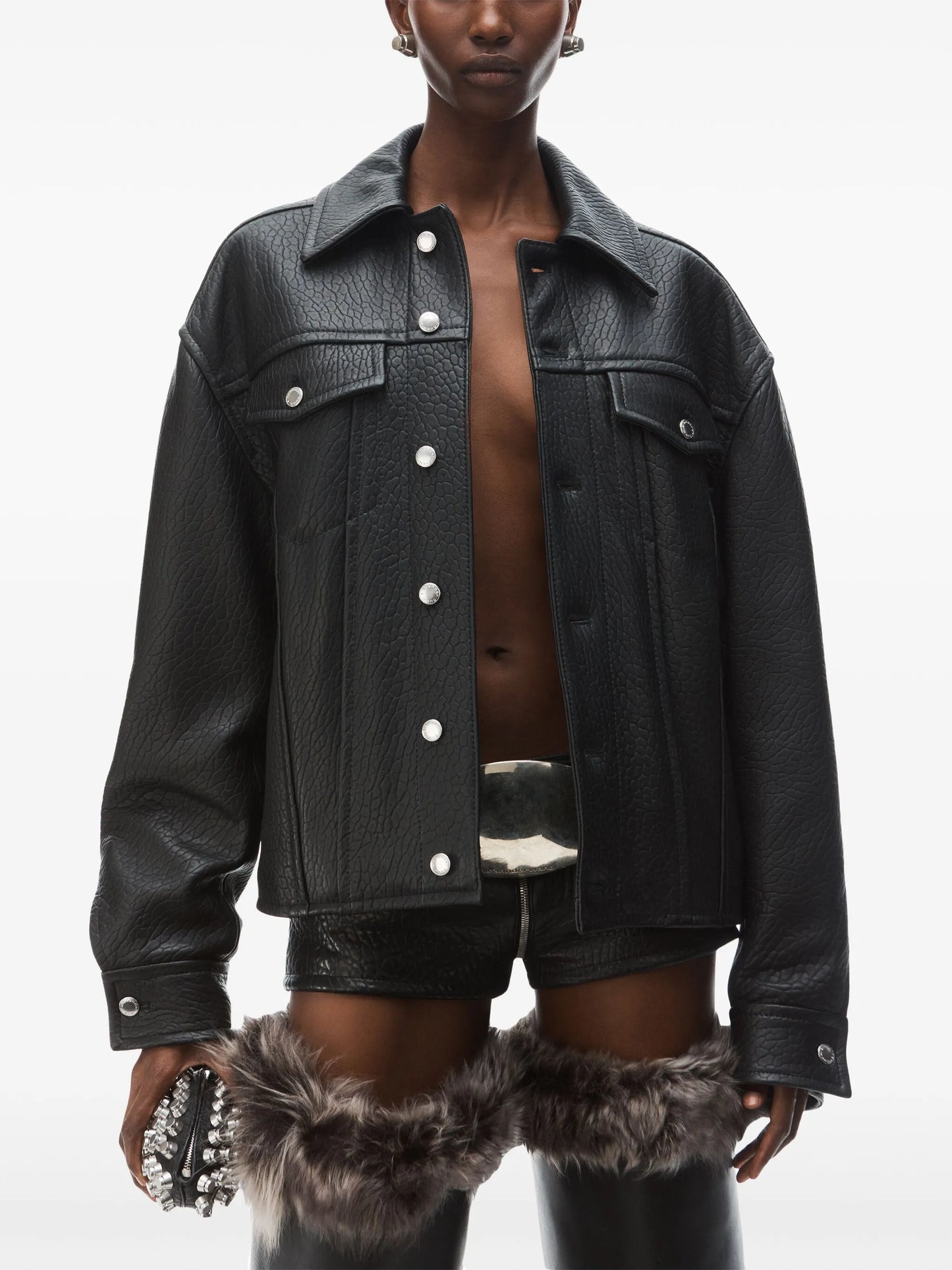 curved-sleeve leather jacket