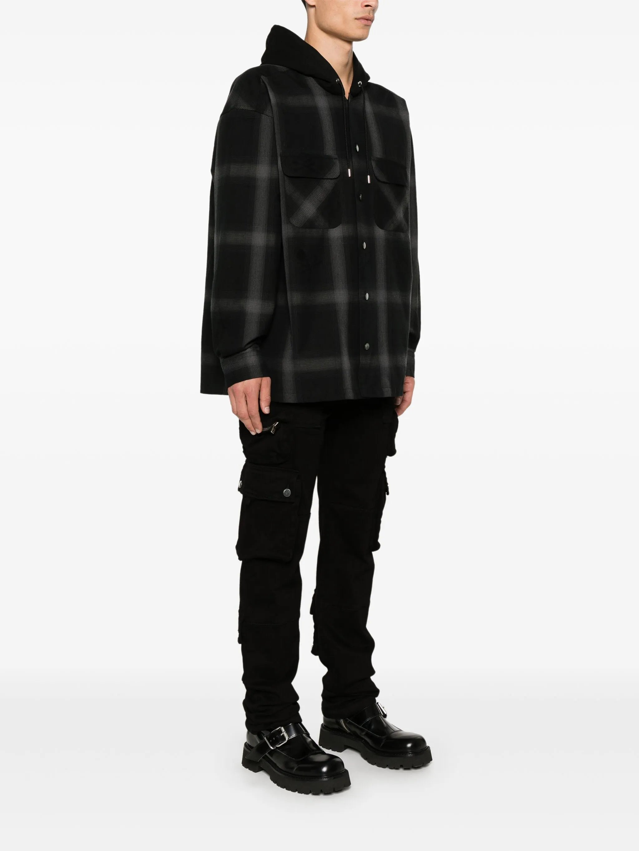 hooded plaid overshirt