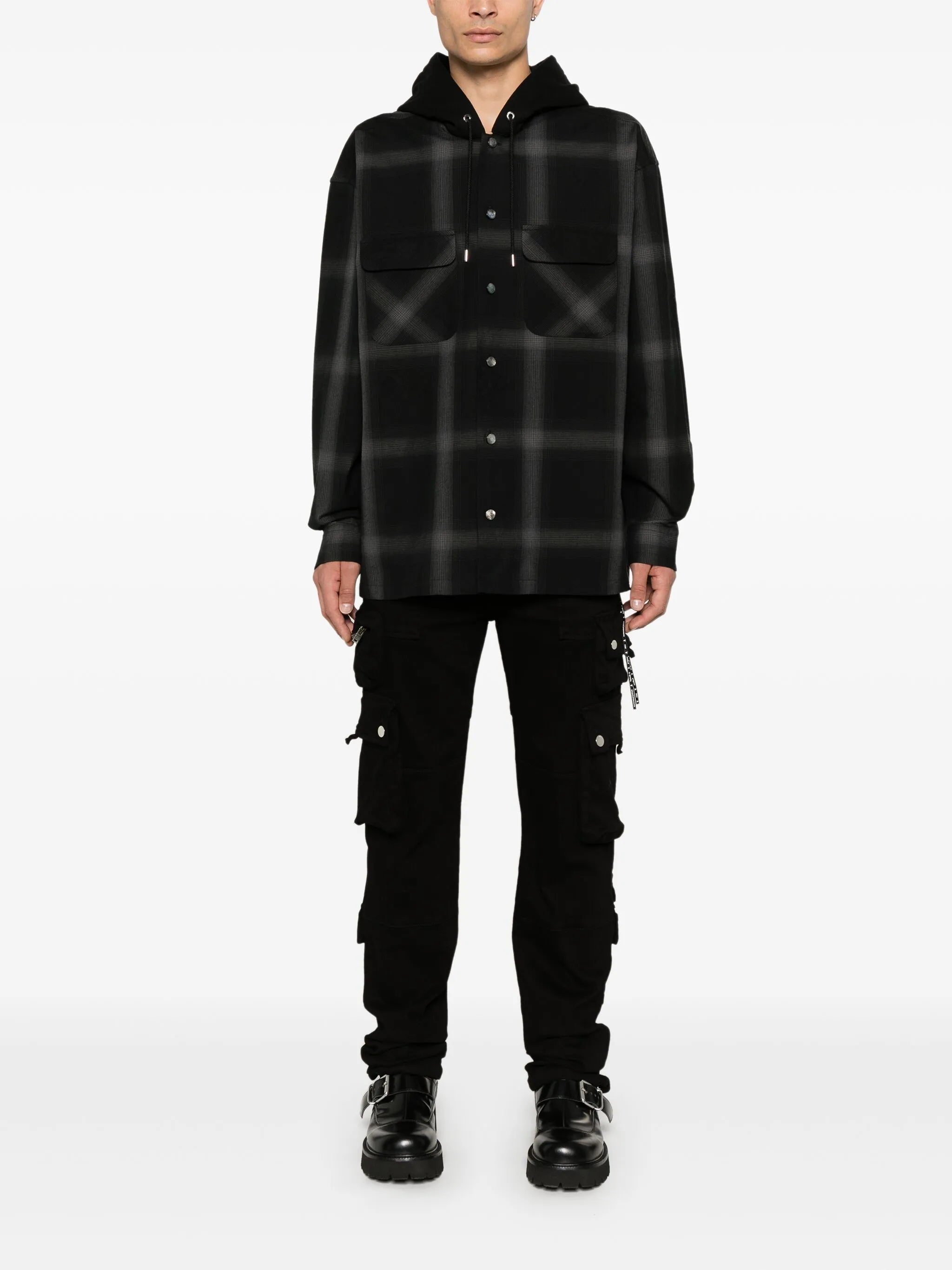 hooded plaid overshirt