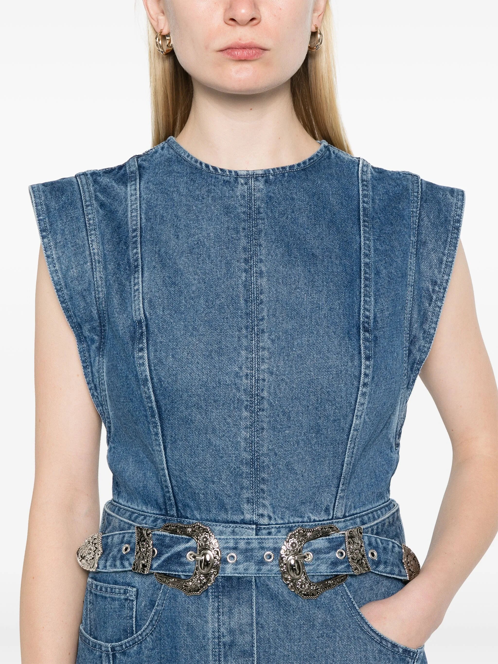 belted denim midi dress