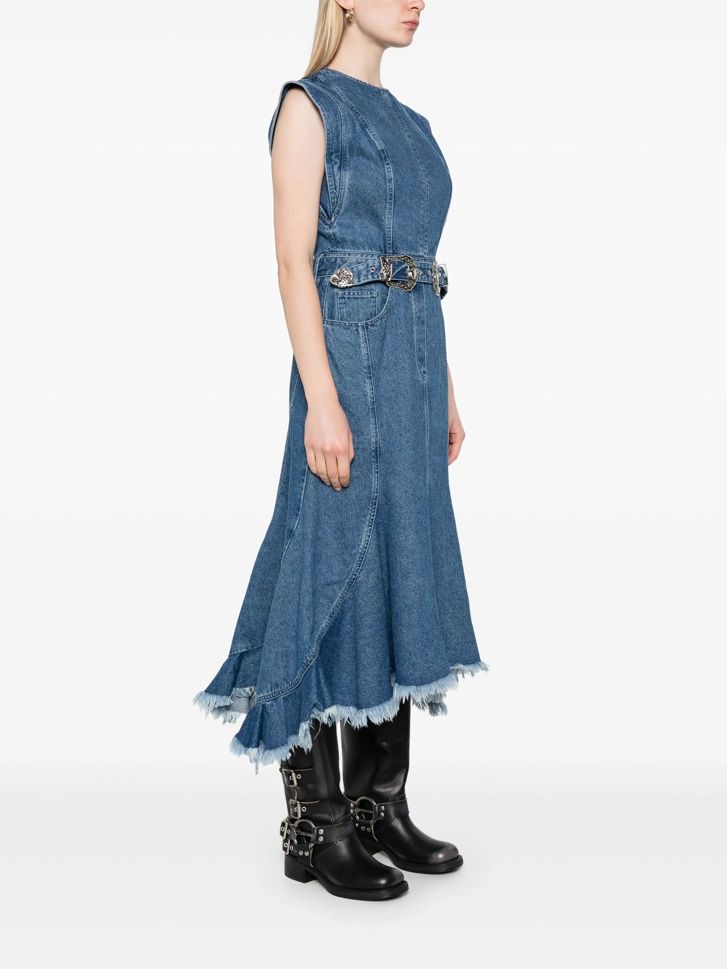 belted denim midi dress