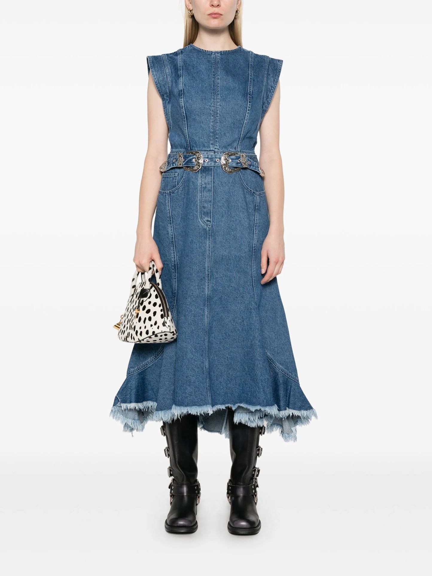 belted denim midi dress