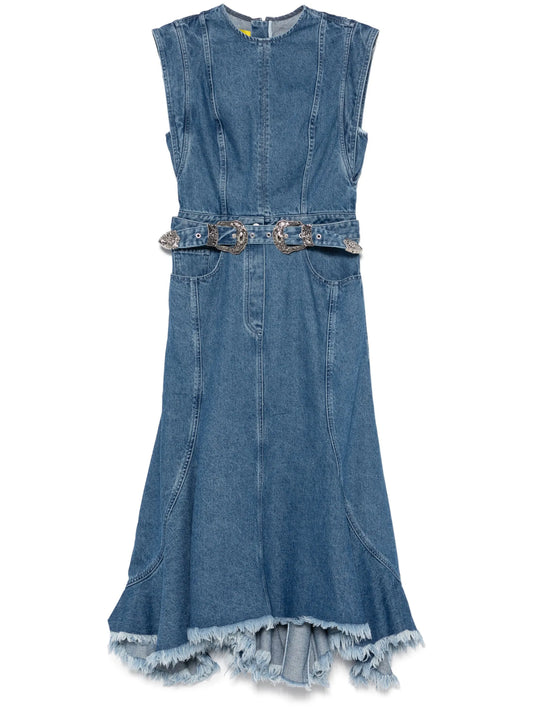 belted denim midi dress