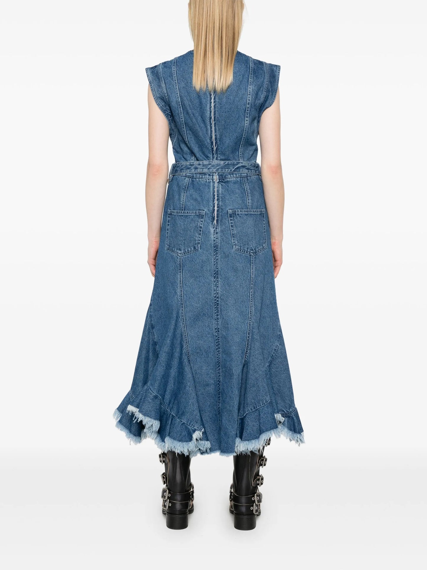 belted denim midi dress