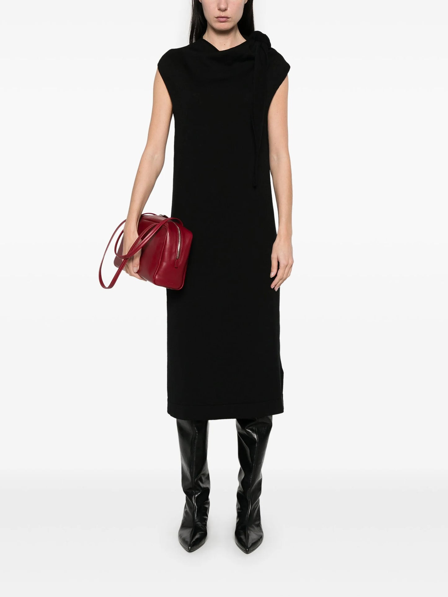 fine knit draped-detailed midi dress