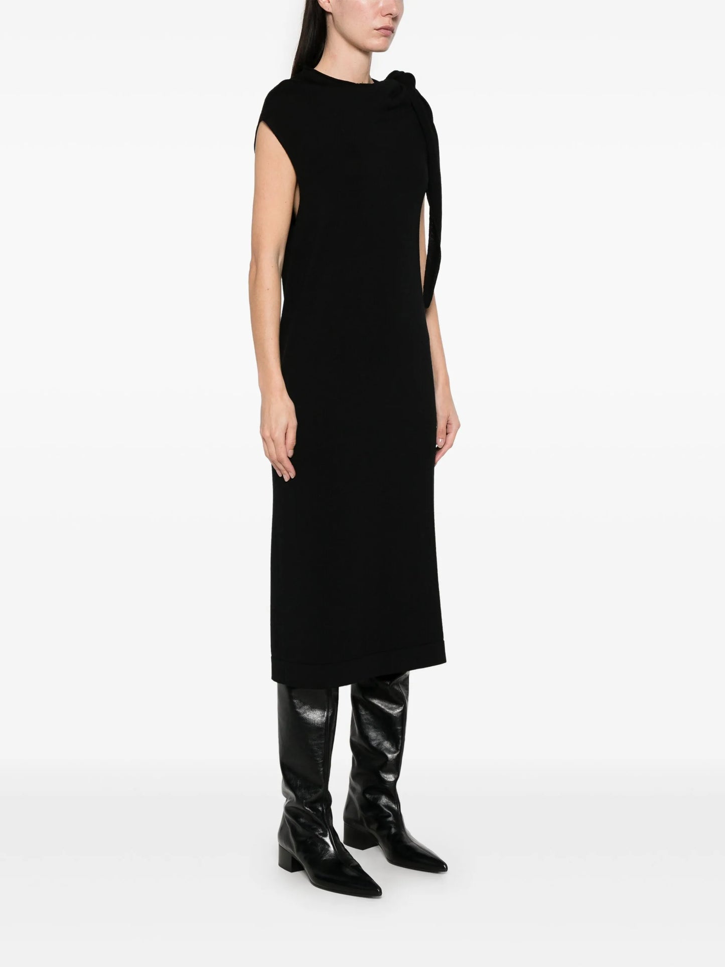 fine knit draped-detailed midi dress