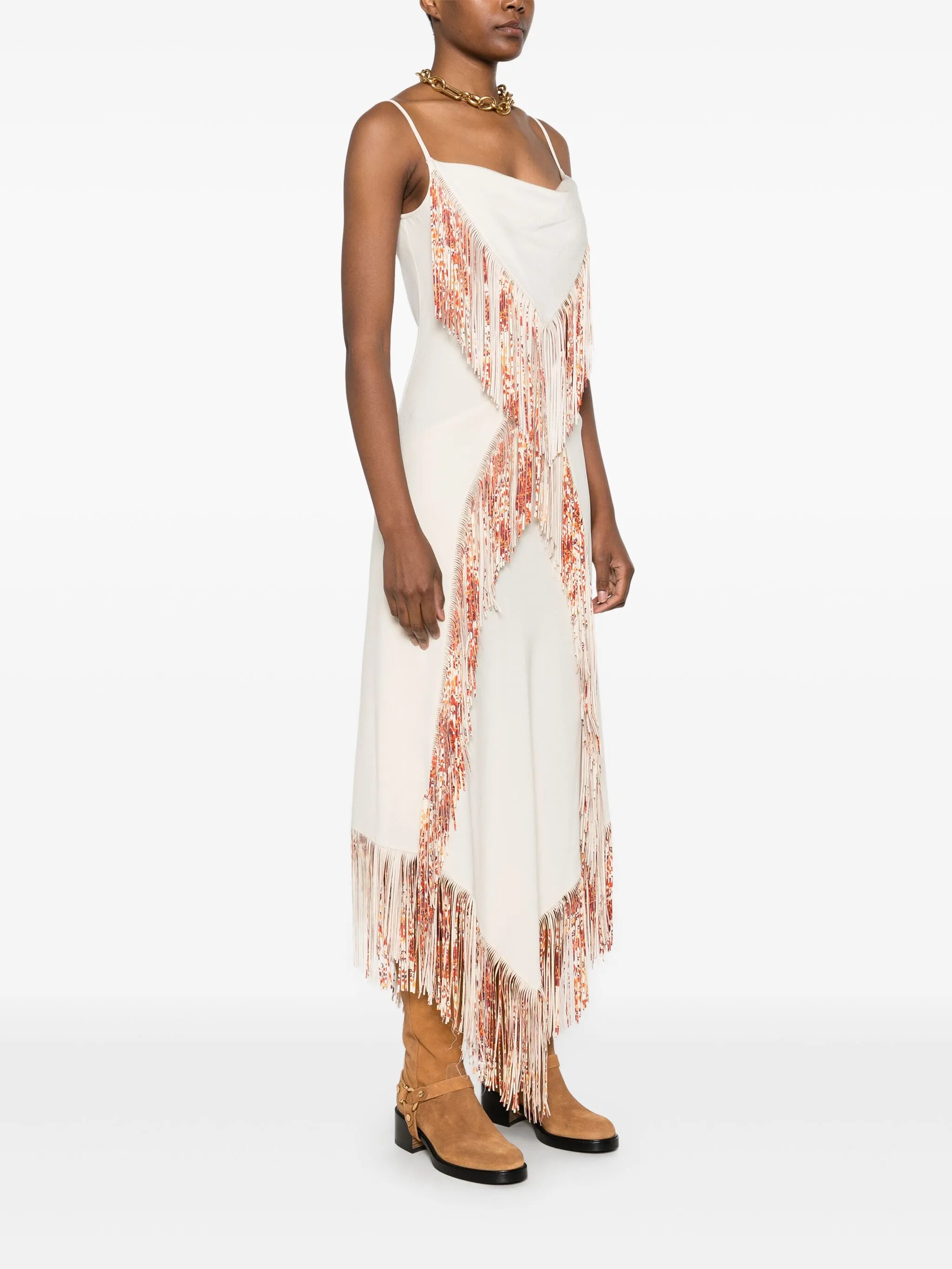 fringed asymmetric midi dress