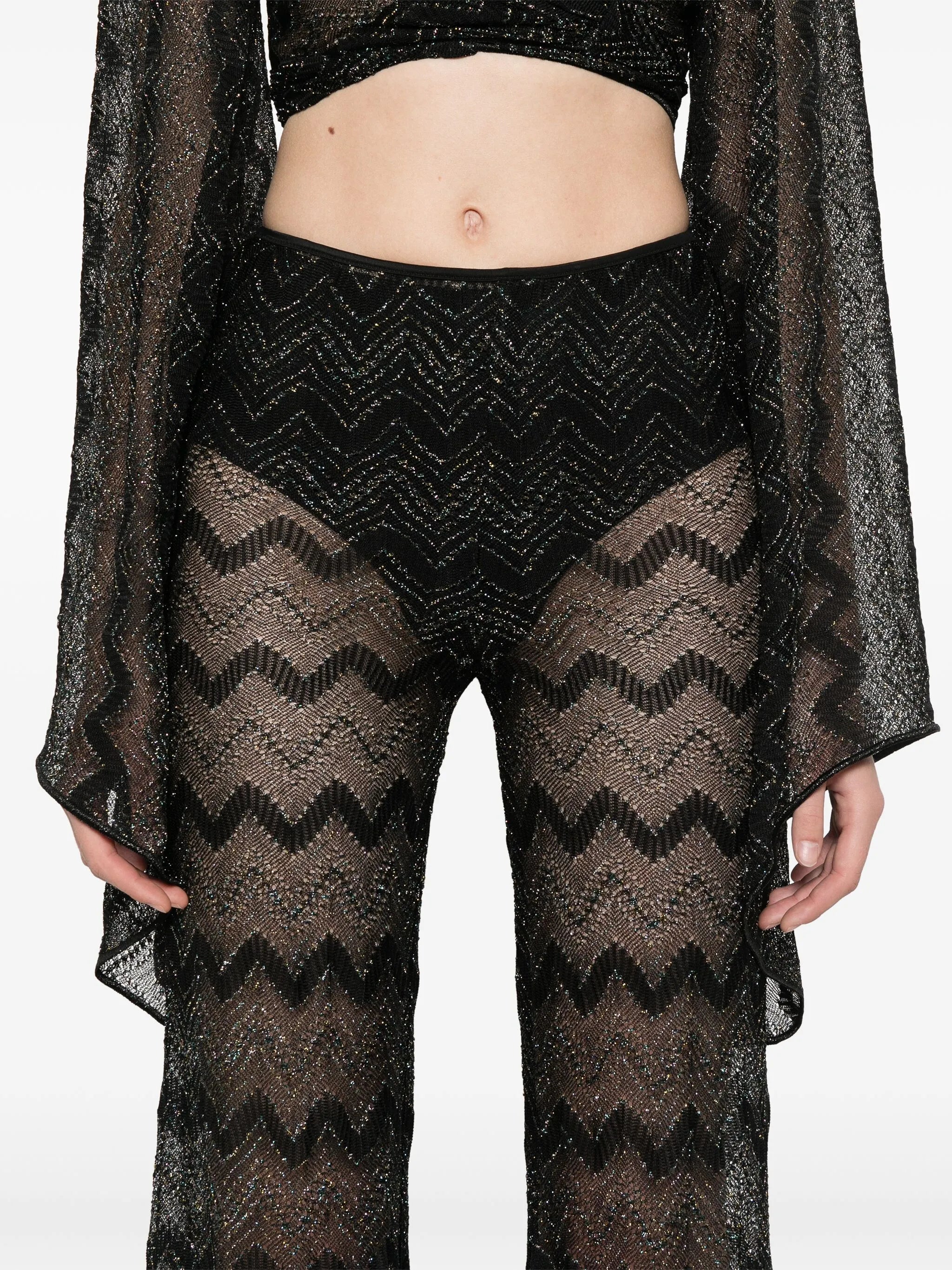 crochet-knit flared trousers