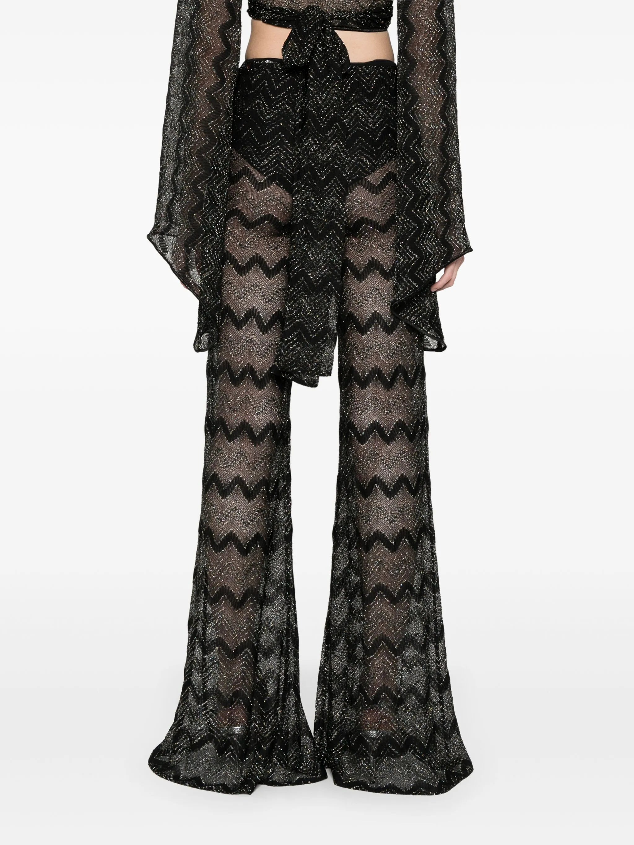 crochet-knit flared trousers