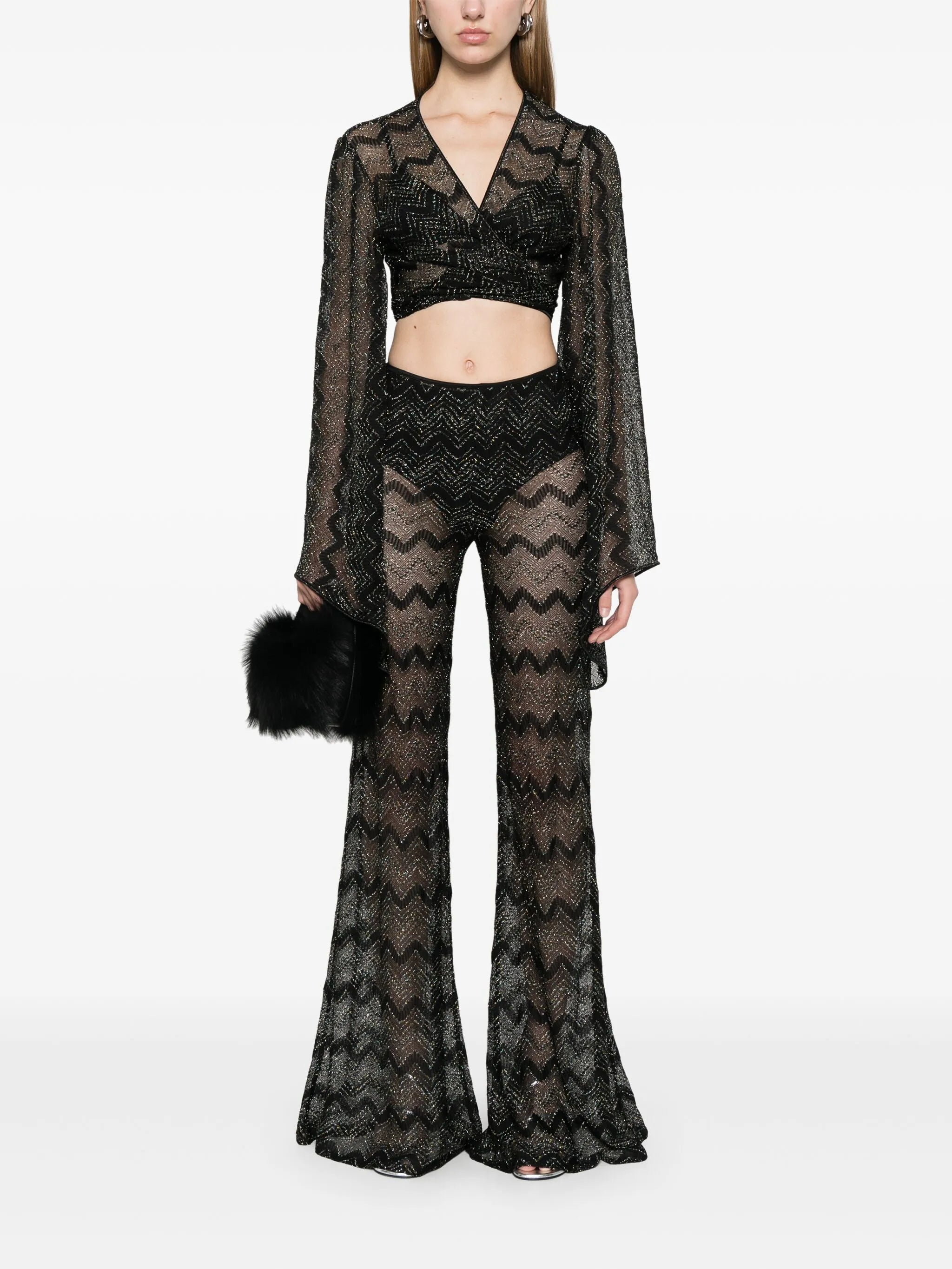 crochet-knit flared trousers