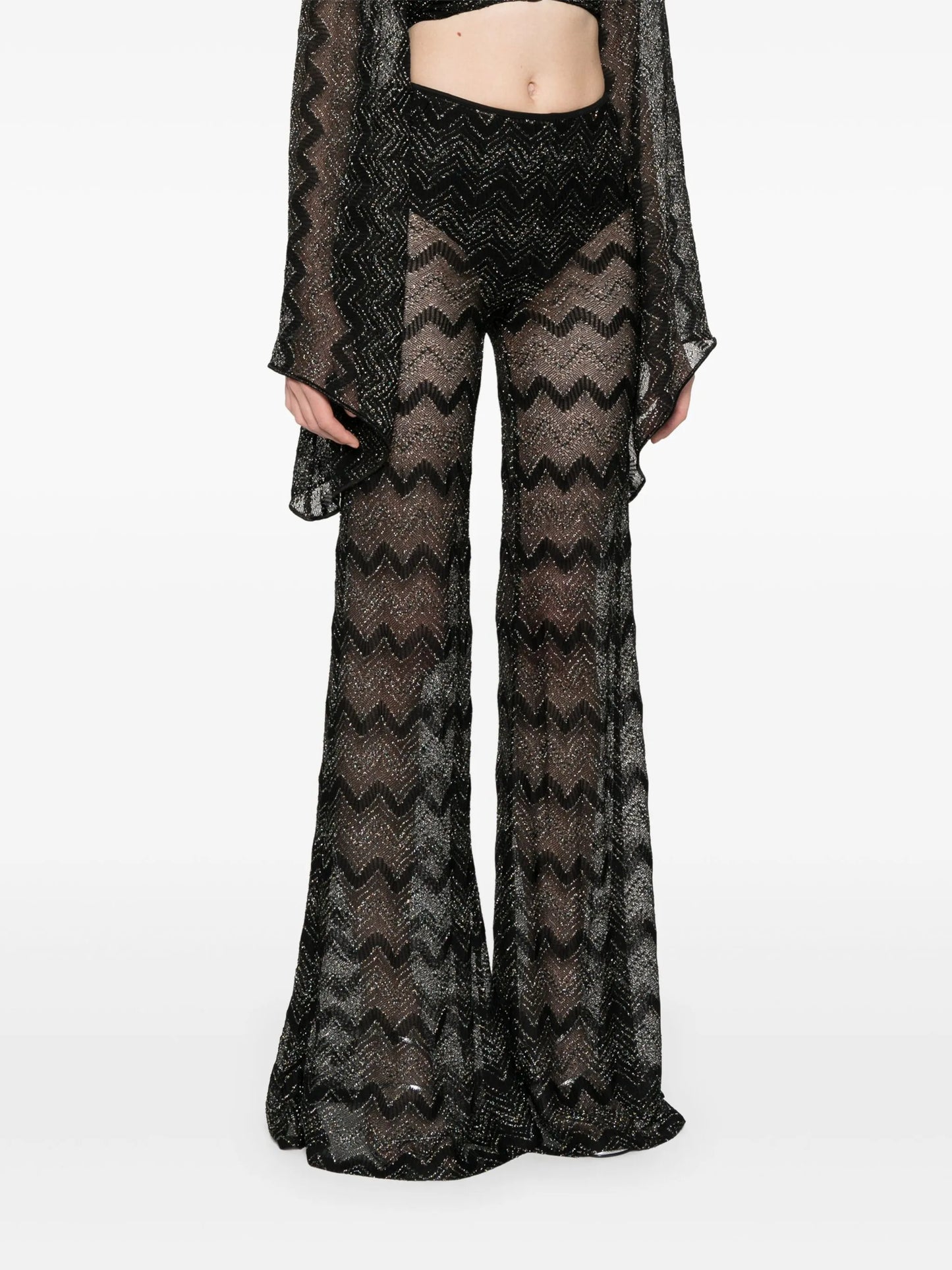 crochet-knit flared trousers