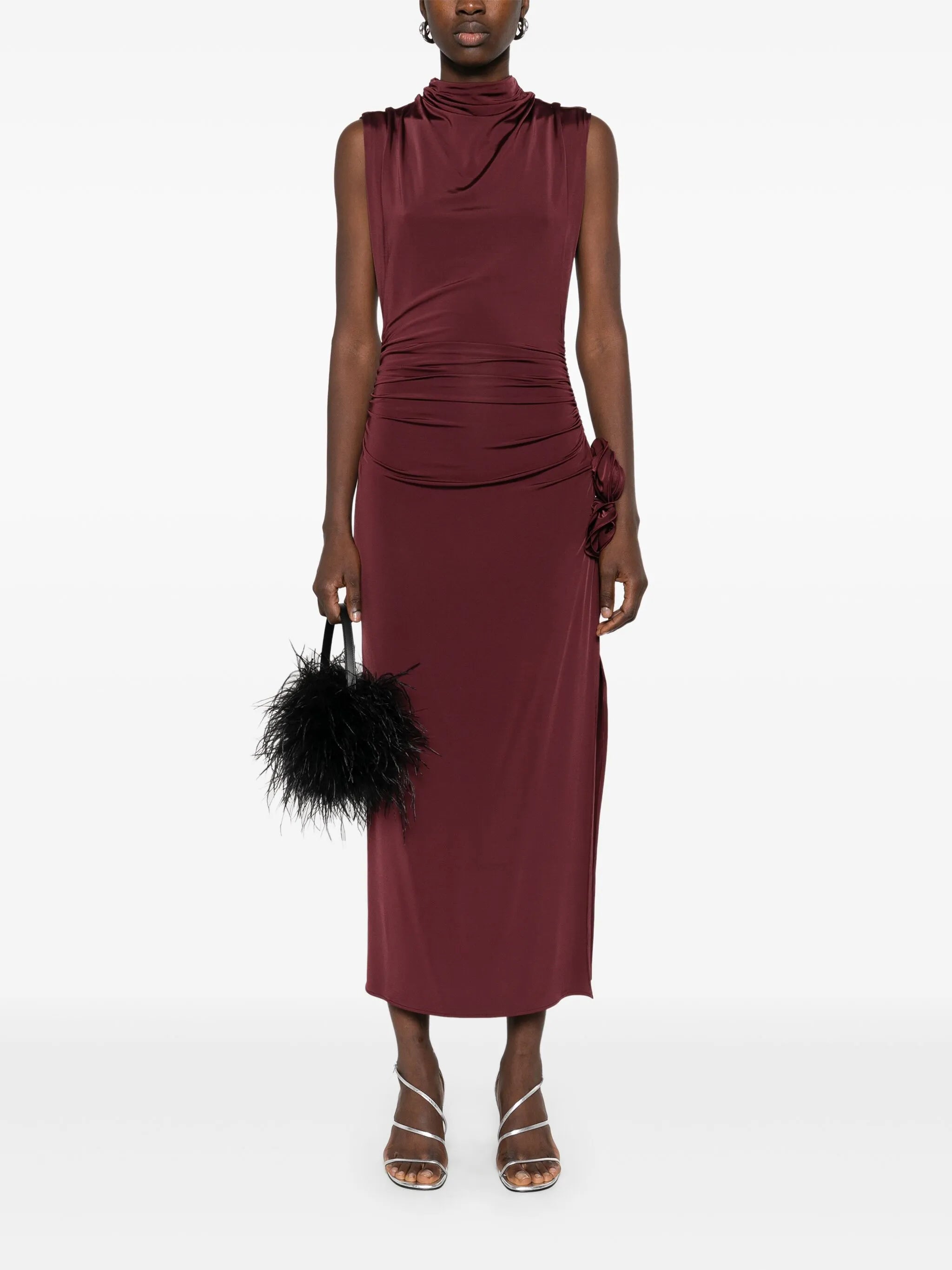 draped high-neck midi dress