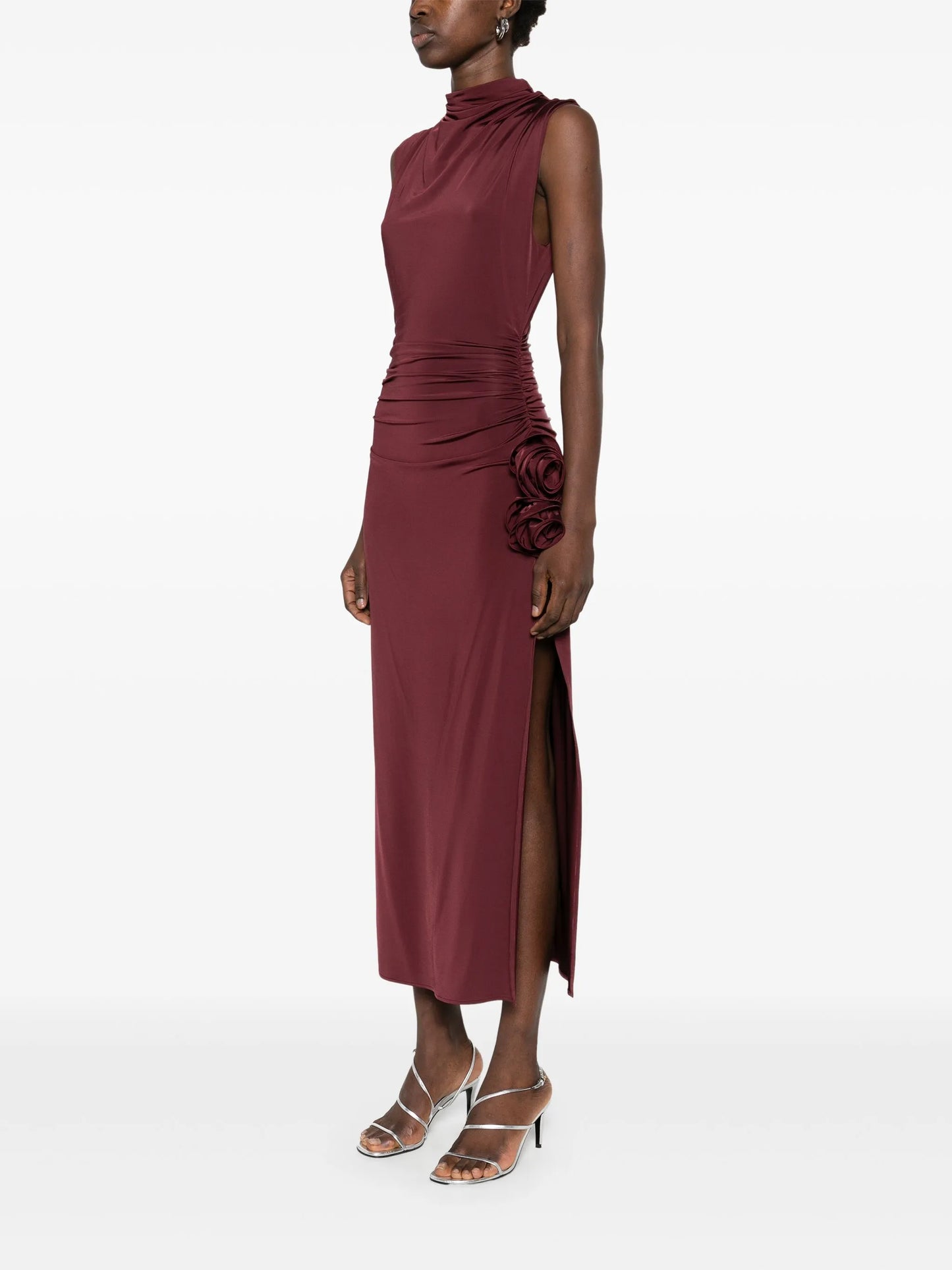 draped high-neck midi dress