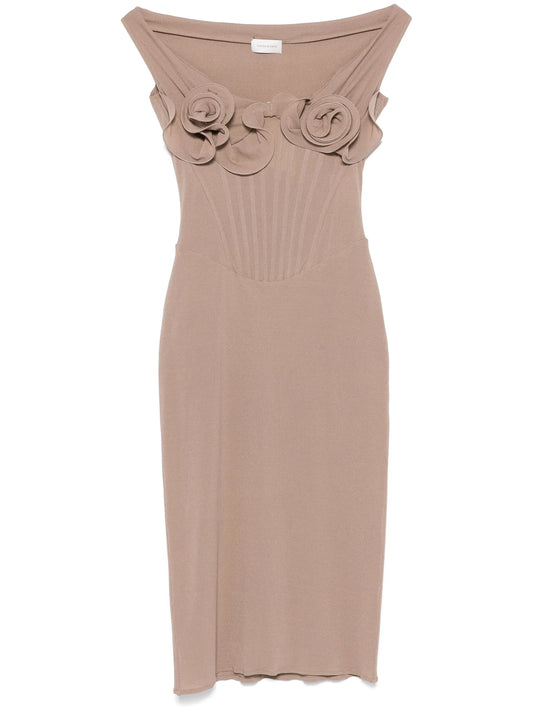 rose-appliqué corset midi dress