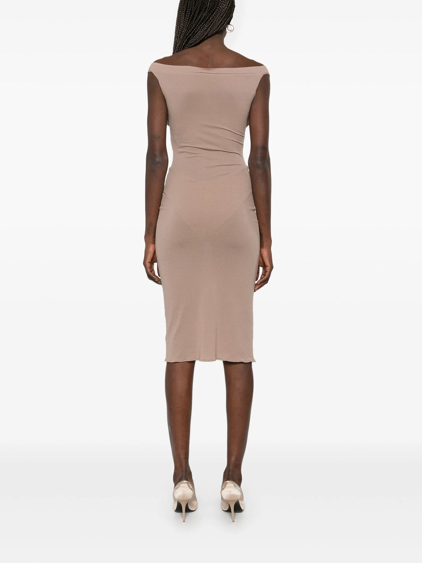 rose-appliqué corset midi dress