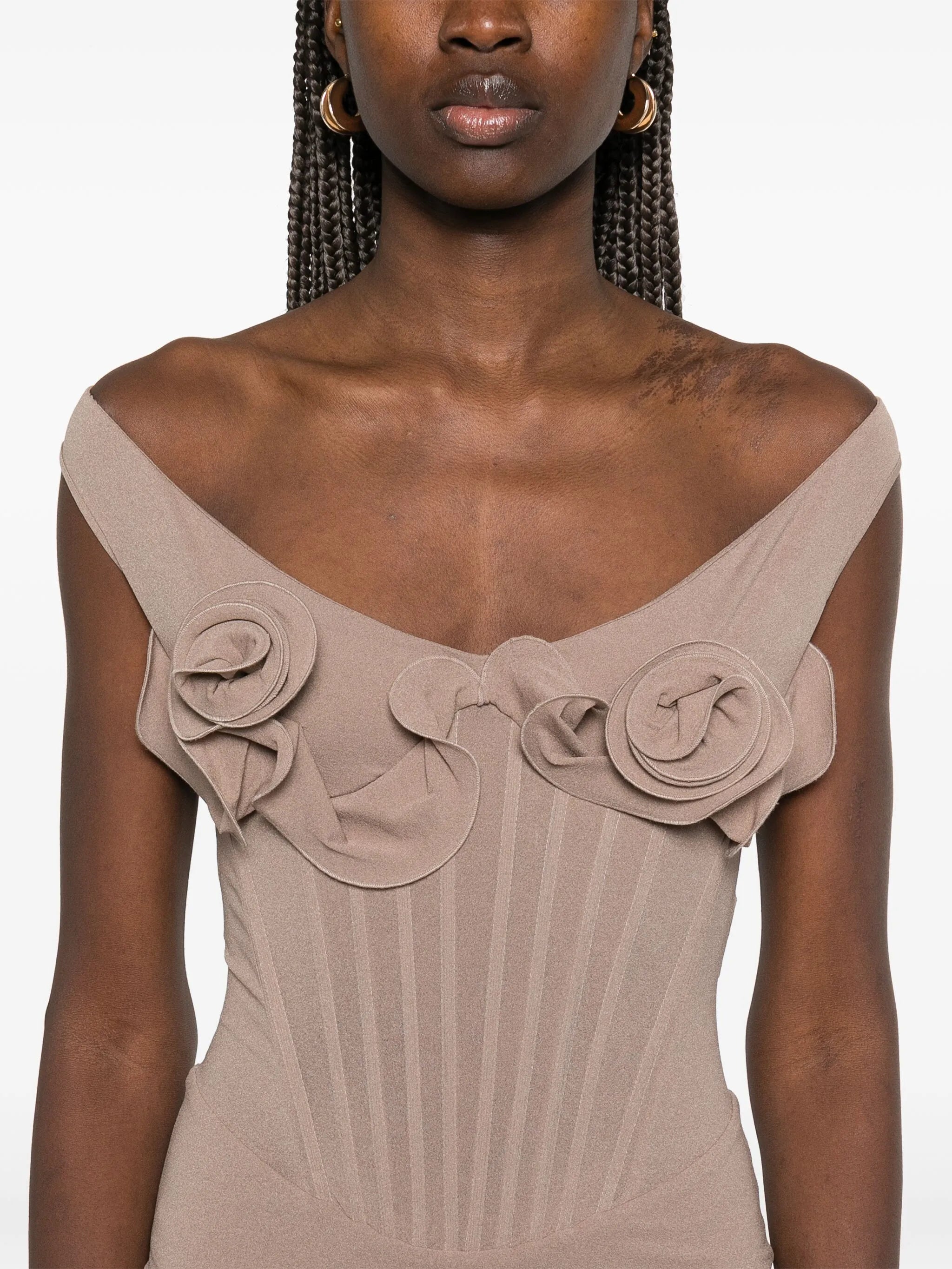 rose-appliqué corset midi dress