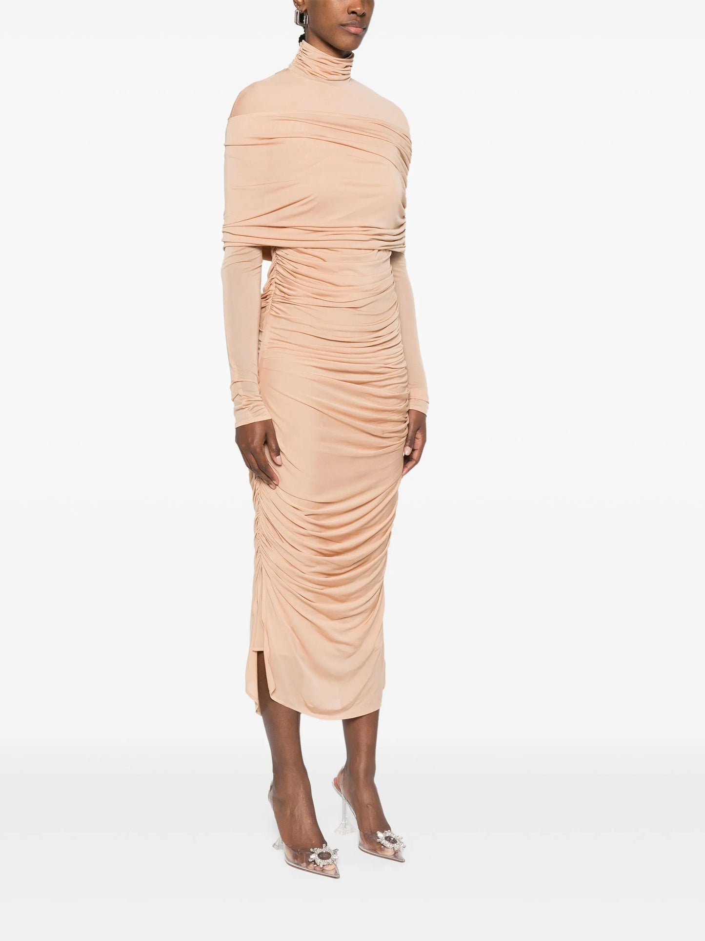 ruched sheer midi dress