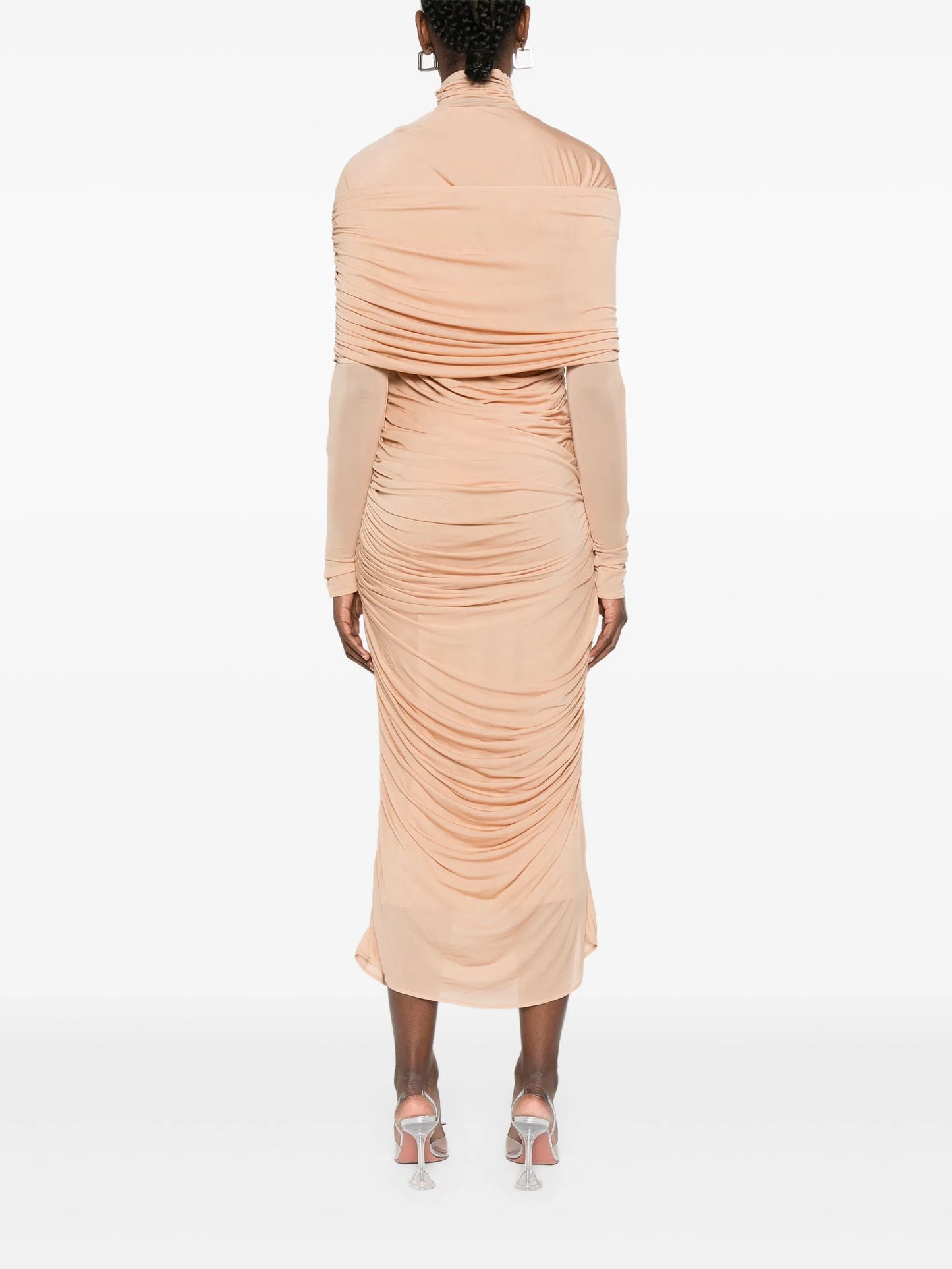 ruched sheer midi dress