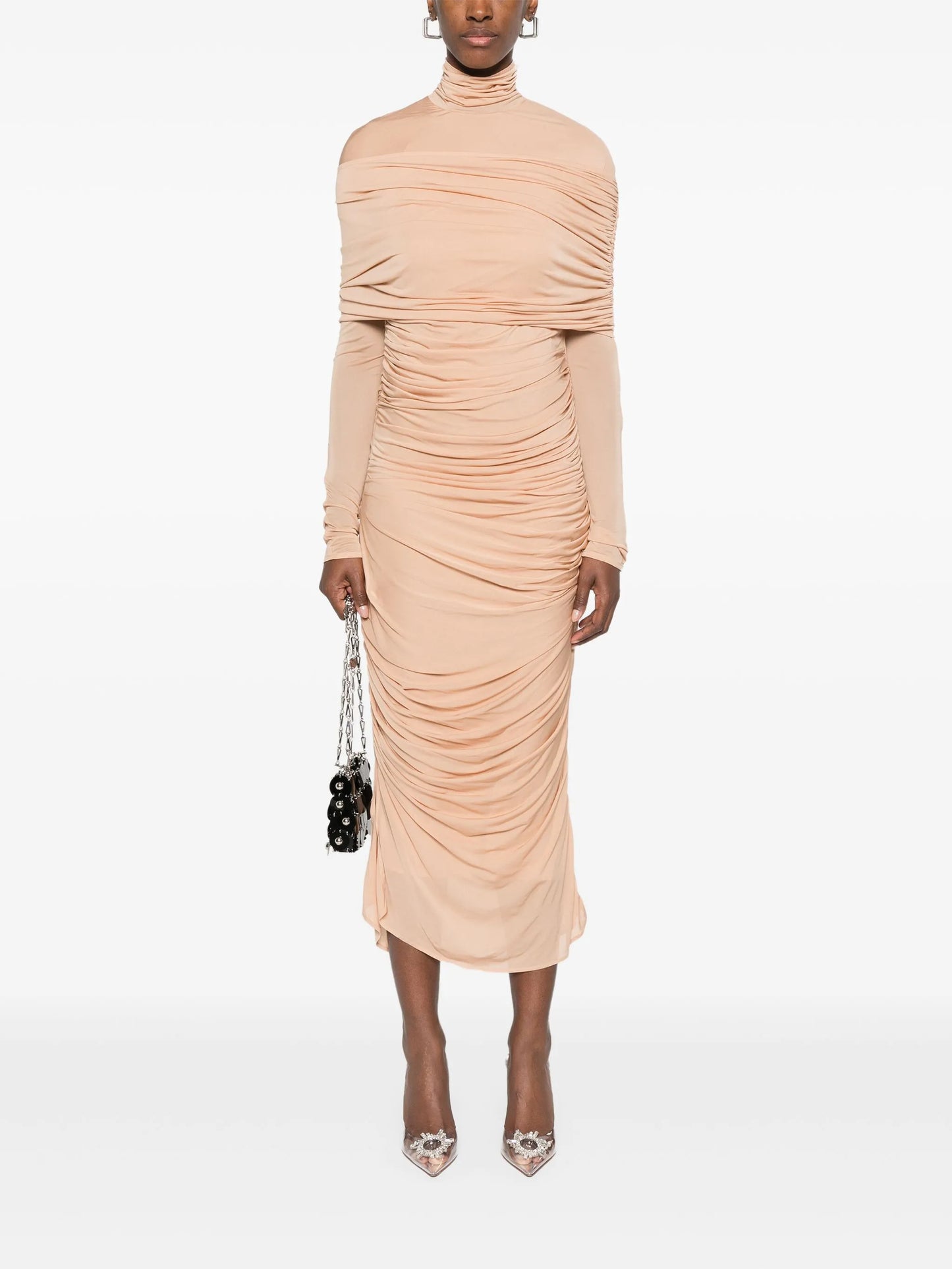 ruched sheer midi dress