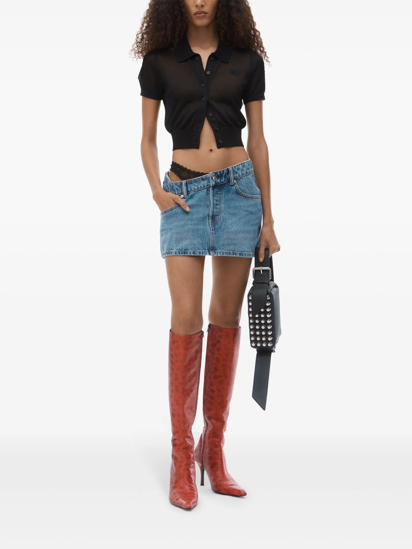 asymmetric lace-detail denim skirt