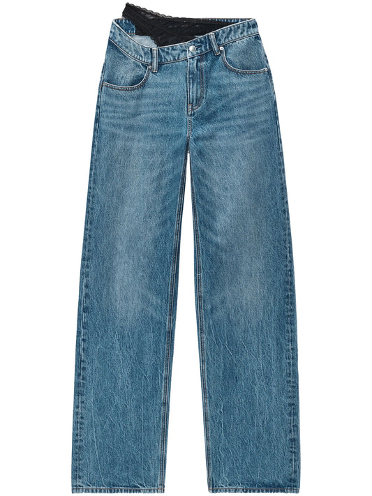 asymmetrical waistband lace jeans