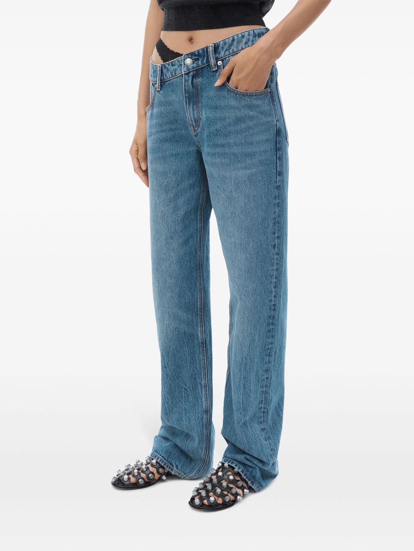 asymmetrical waistband lace jeans