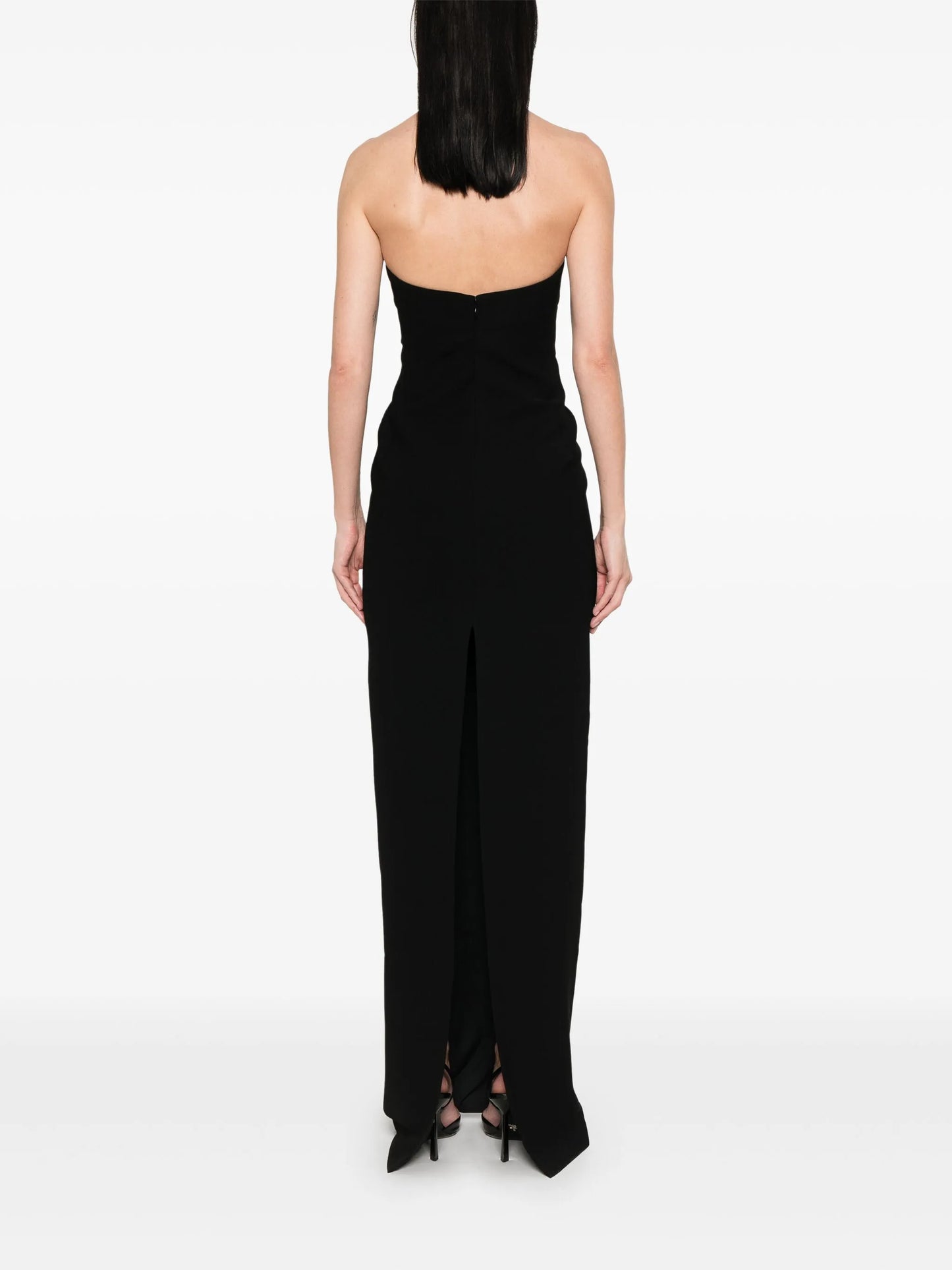 strapless crepe midi dress