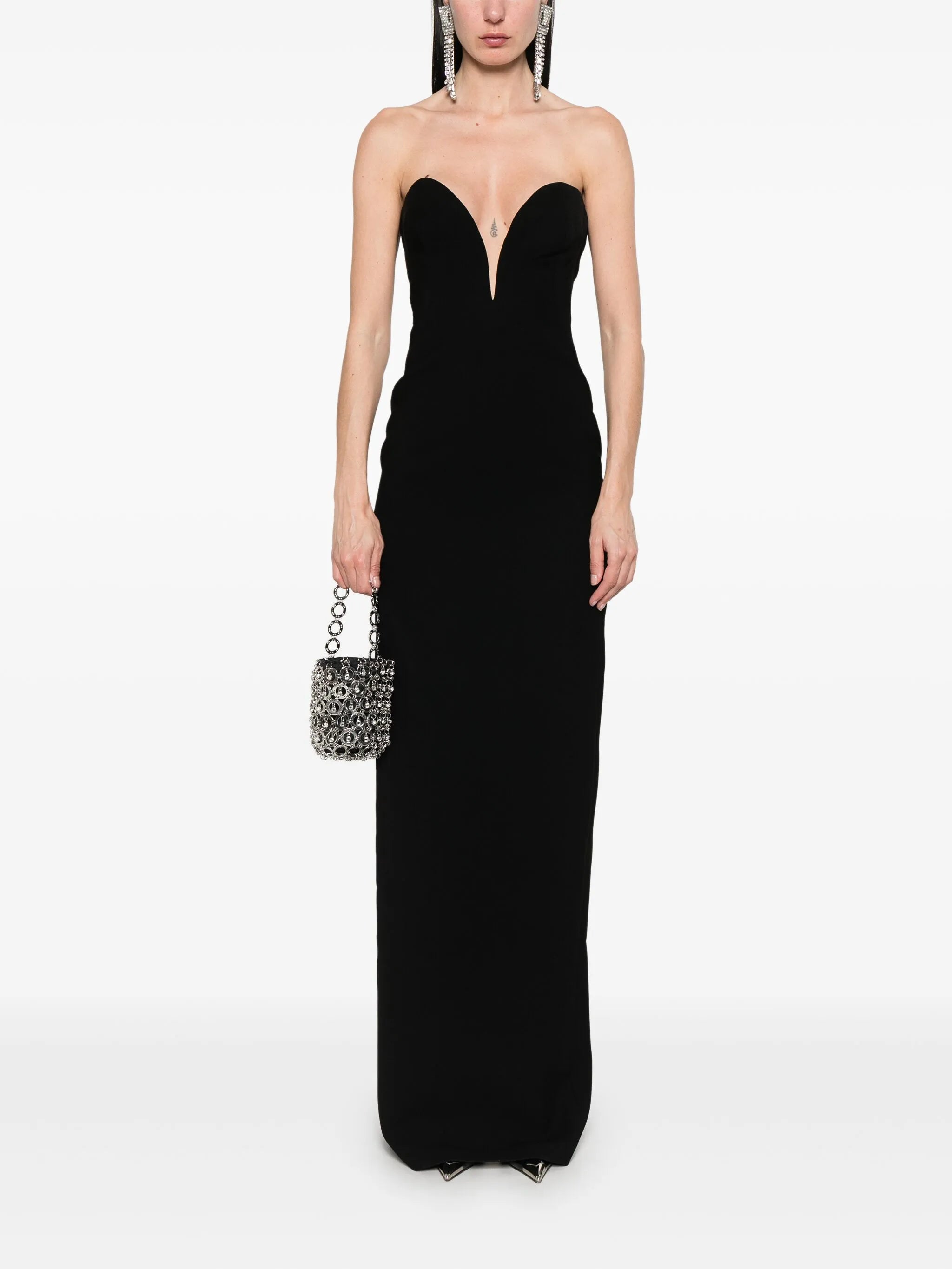 strapless crepe midi dress