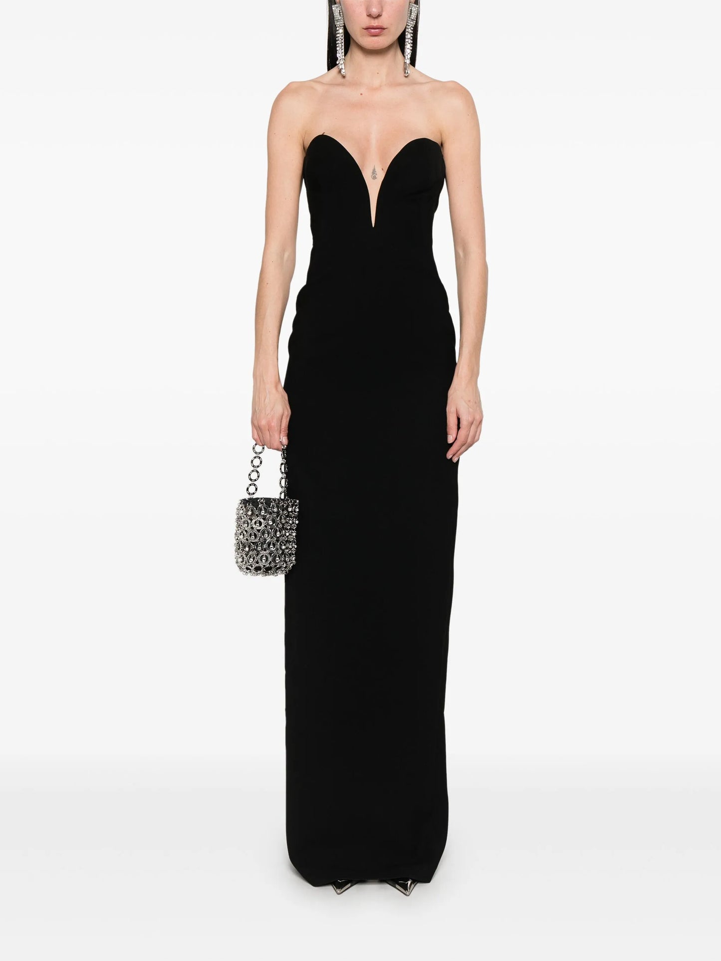 strapless crepe midi dress