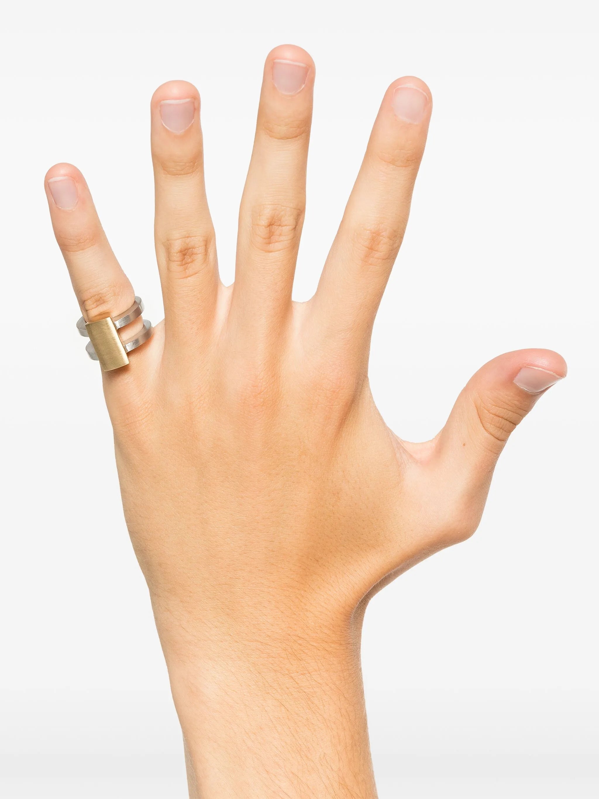 9K yellow gold and recycled silver Vault Shield ring