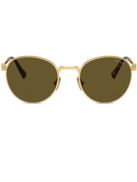 MIU MIU DARK BROWN AND GOLD METAL FRAME ROUND SUNGLASSES