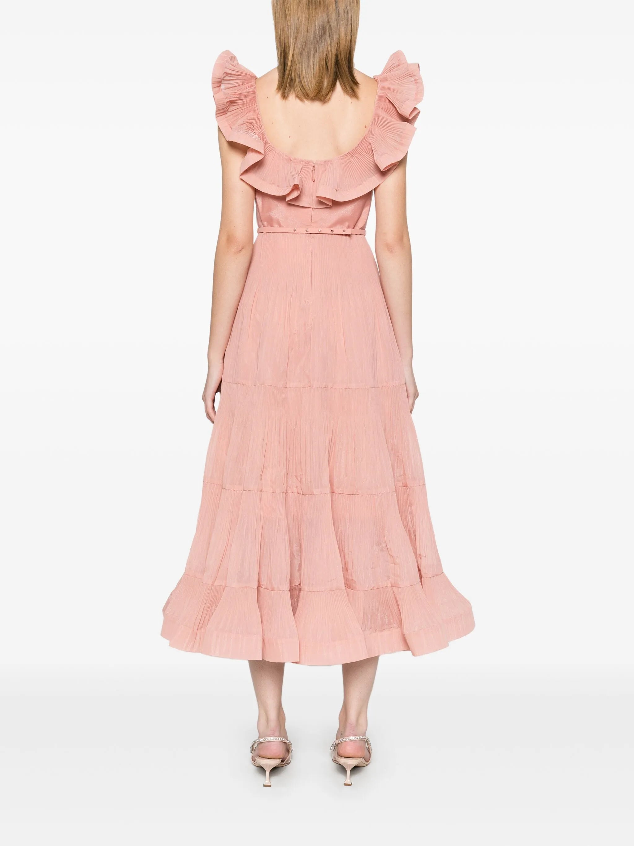 pleated frilled midi dress